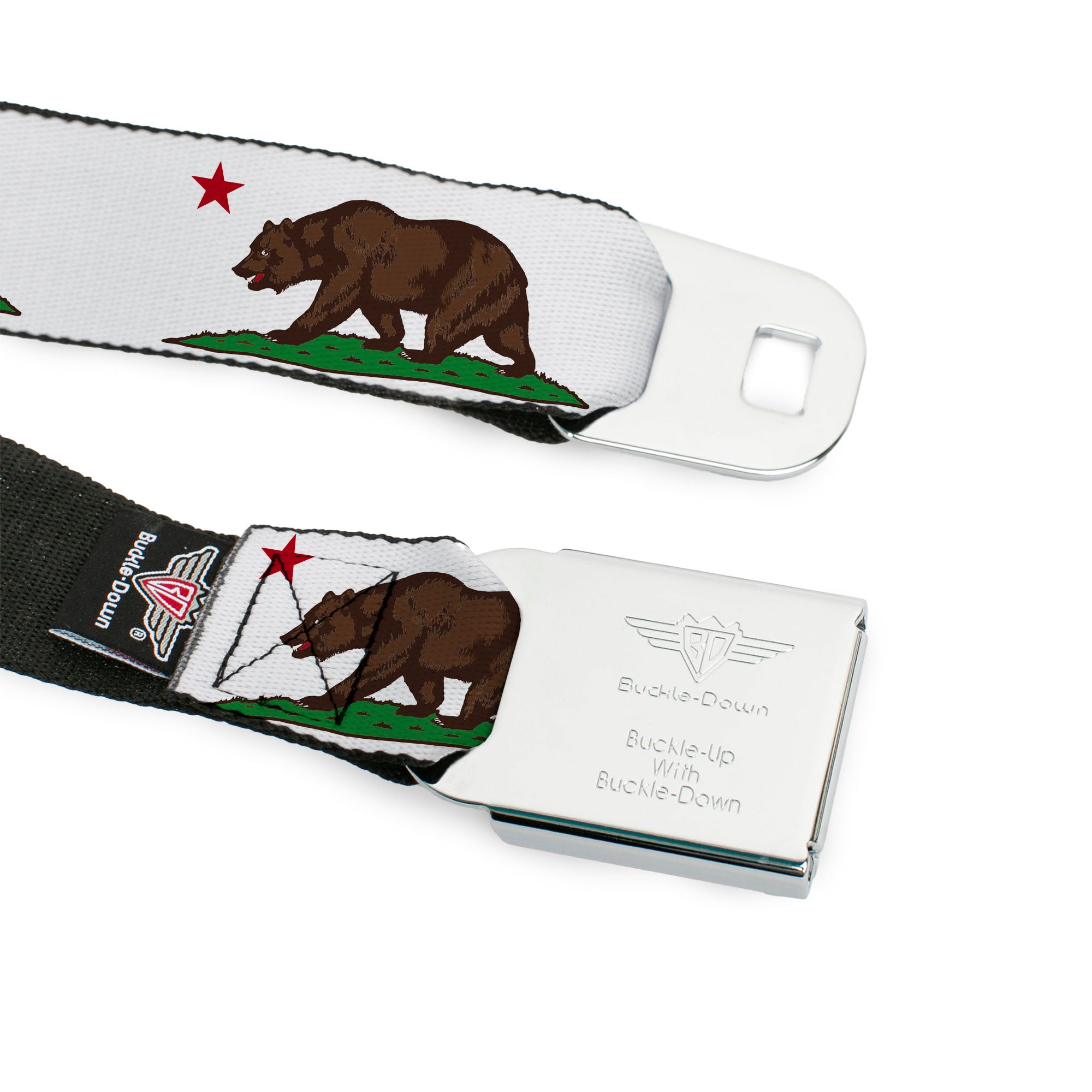 BD Wings Logo CLOSE-UP Full Color Black Silver Seatbelt Belt - Cali Bear White Webbing Seatbelt Belts Buckle-Down