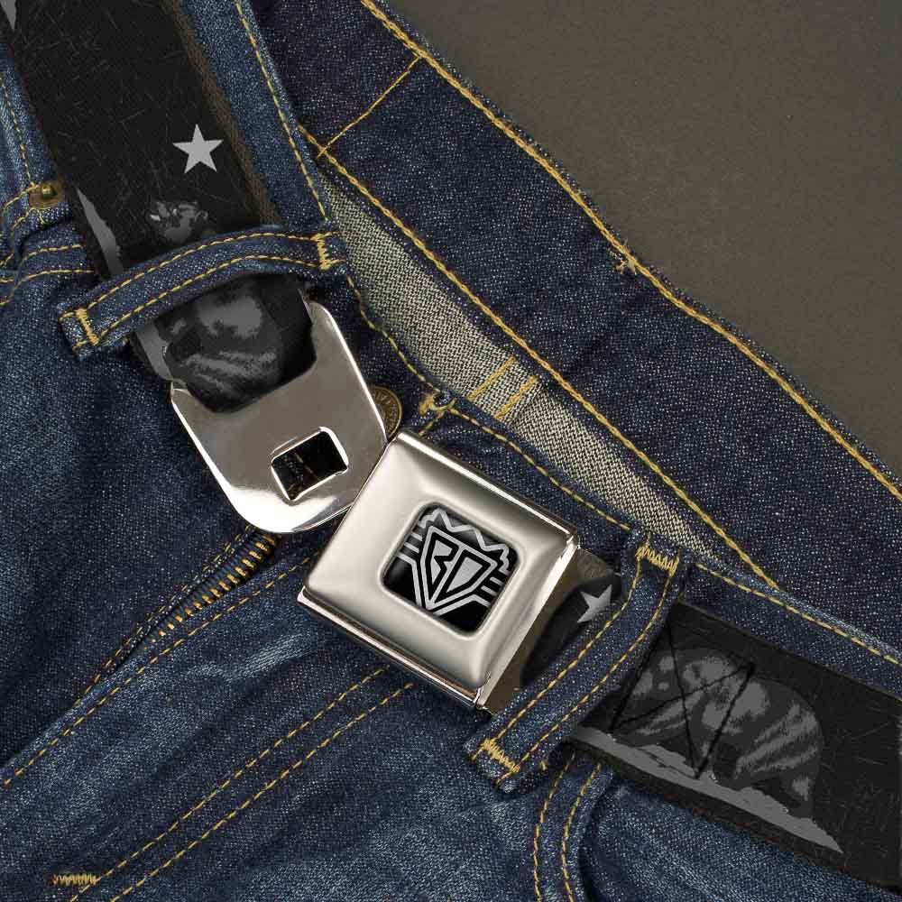 BD Wings Logo CLOSE-UP Full Color Black Silver Seatbelt Belt - Cali Bear Black/Grays Webbing Seatbelt Belts Buckle-Down