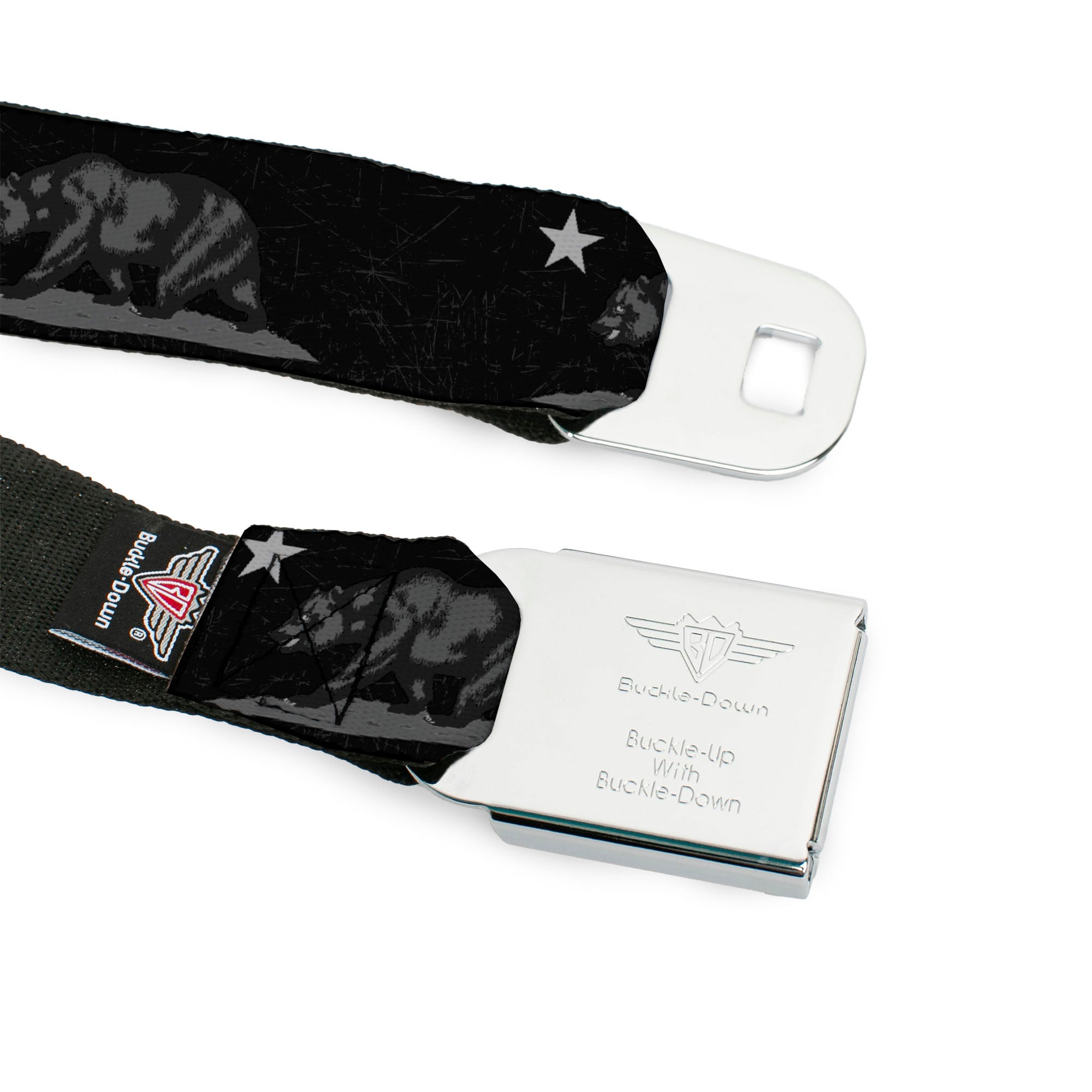 BD Wings Logo CLOSE-UP Full Color Black Silver Seatbelt Belt - Cali Bear Black/Grays Webbing Seatbelt Belts Buckle-Down