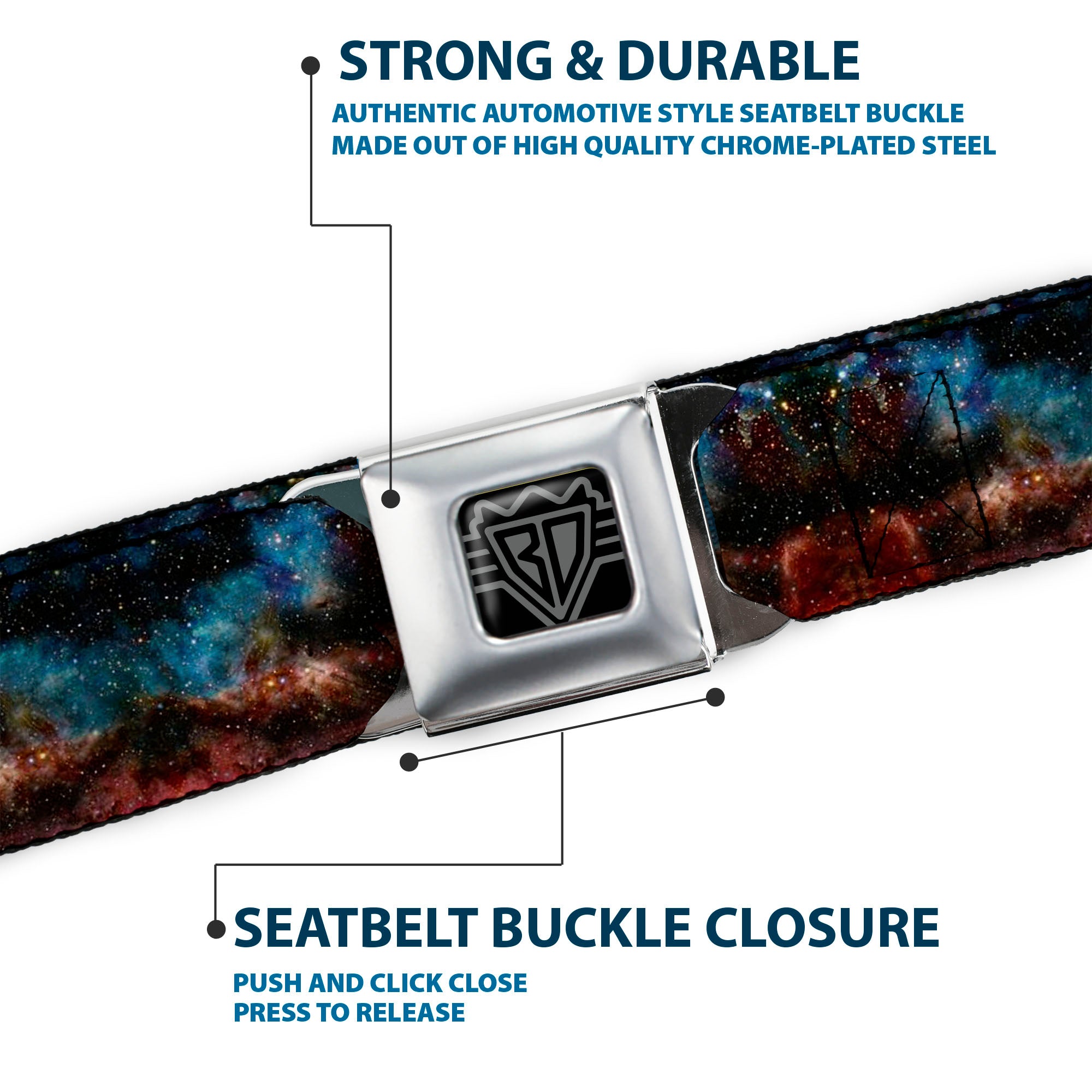 BD Wings Logo CLOSE-UP Full Color Black Silver Seatbelt Belt - Cosmic Space Webbing Seatbelt Belts Buckle-Down