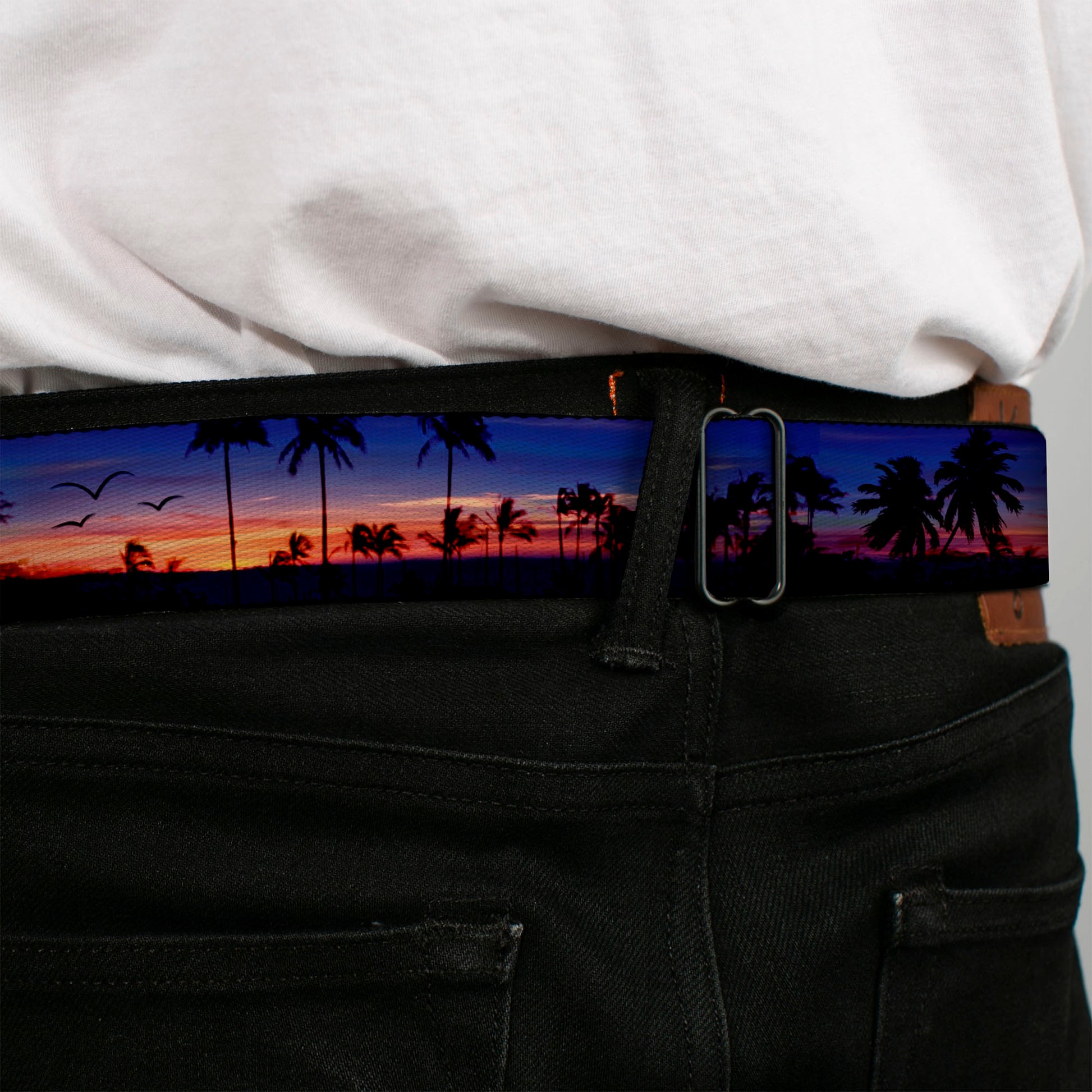 BD Wings Logo CLOSE-UP Full Color Black Silver Seatbelt Belt - California Sunset Webbing Seatbelt Belts Buckle-Down