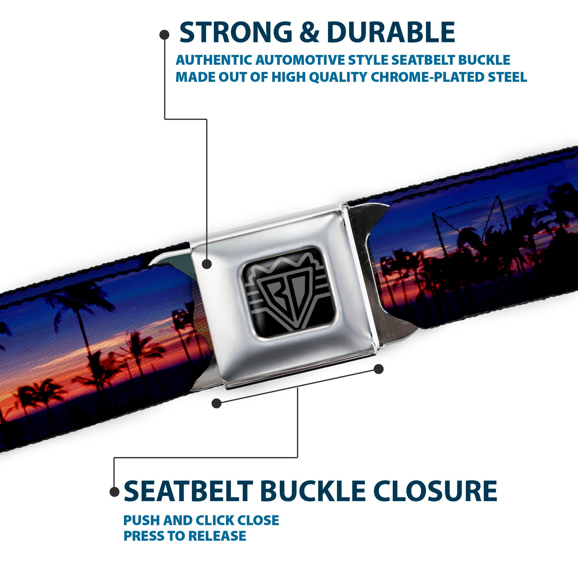 BD Wings Logo CLOSE-UP Full Color Black Silver Seatbelt Belt - California Sunset Webbing Seatbelt Belts Buckle-Down