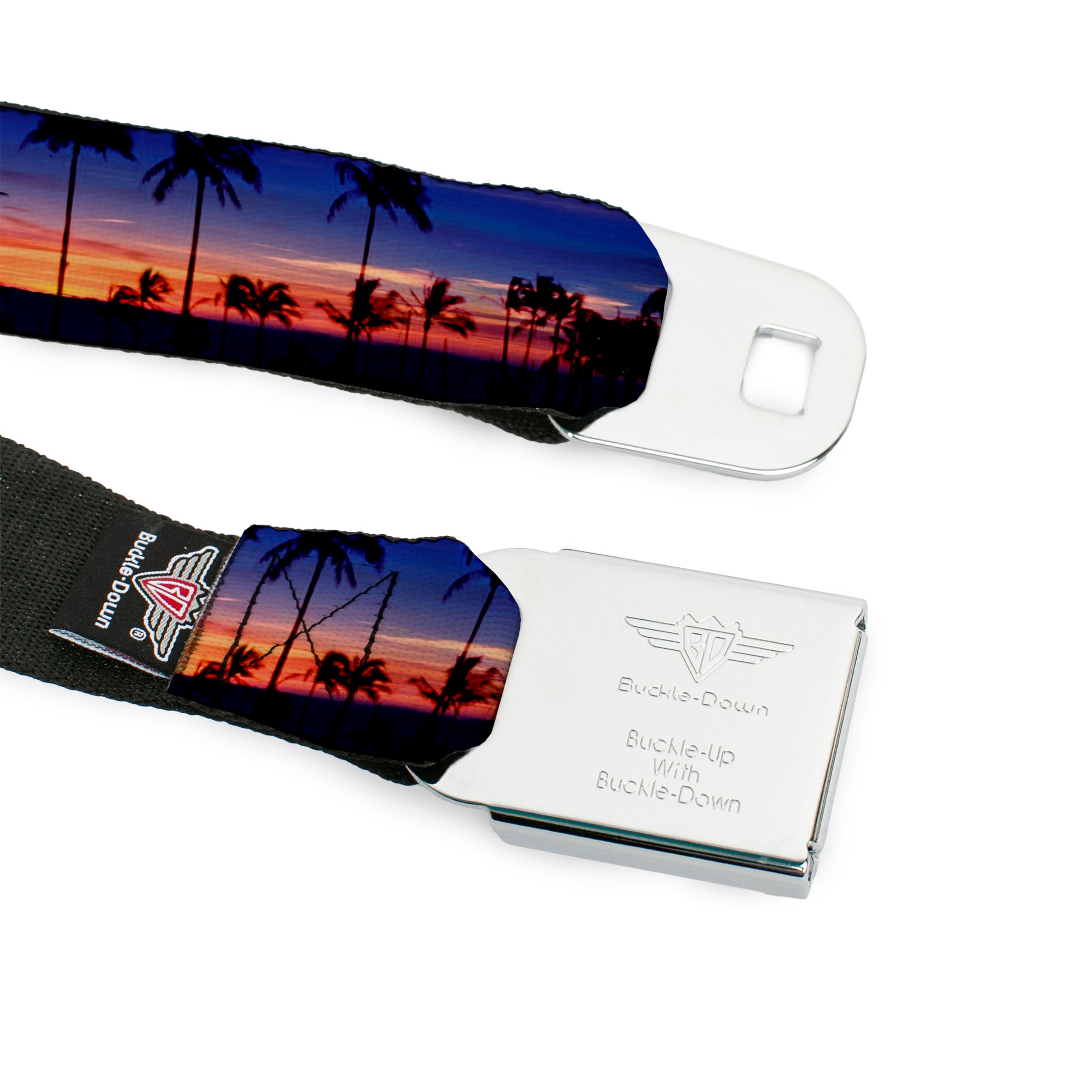 BD Wings Logo CLOSE-UP Full Color Black Silver Seatbelt Belt - California Sunset Webbing Seatbelt Belts Buckle-Down