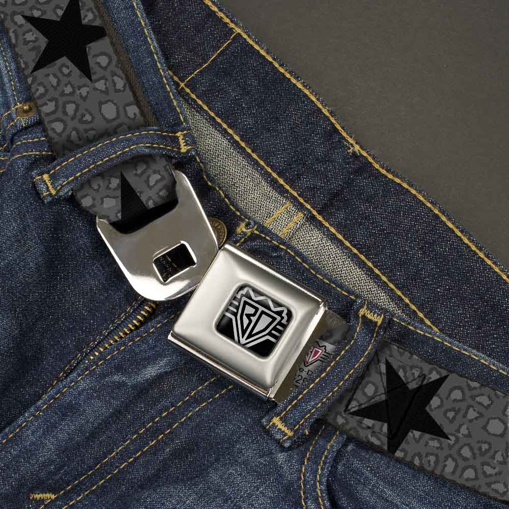 BD Wings Logo CLOSE-UP Full Color Black Silver Seatbelt Belt - Cheetah/Stars Gray/Black Webbing Seatbelt Belts Buckle-Down