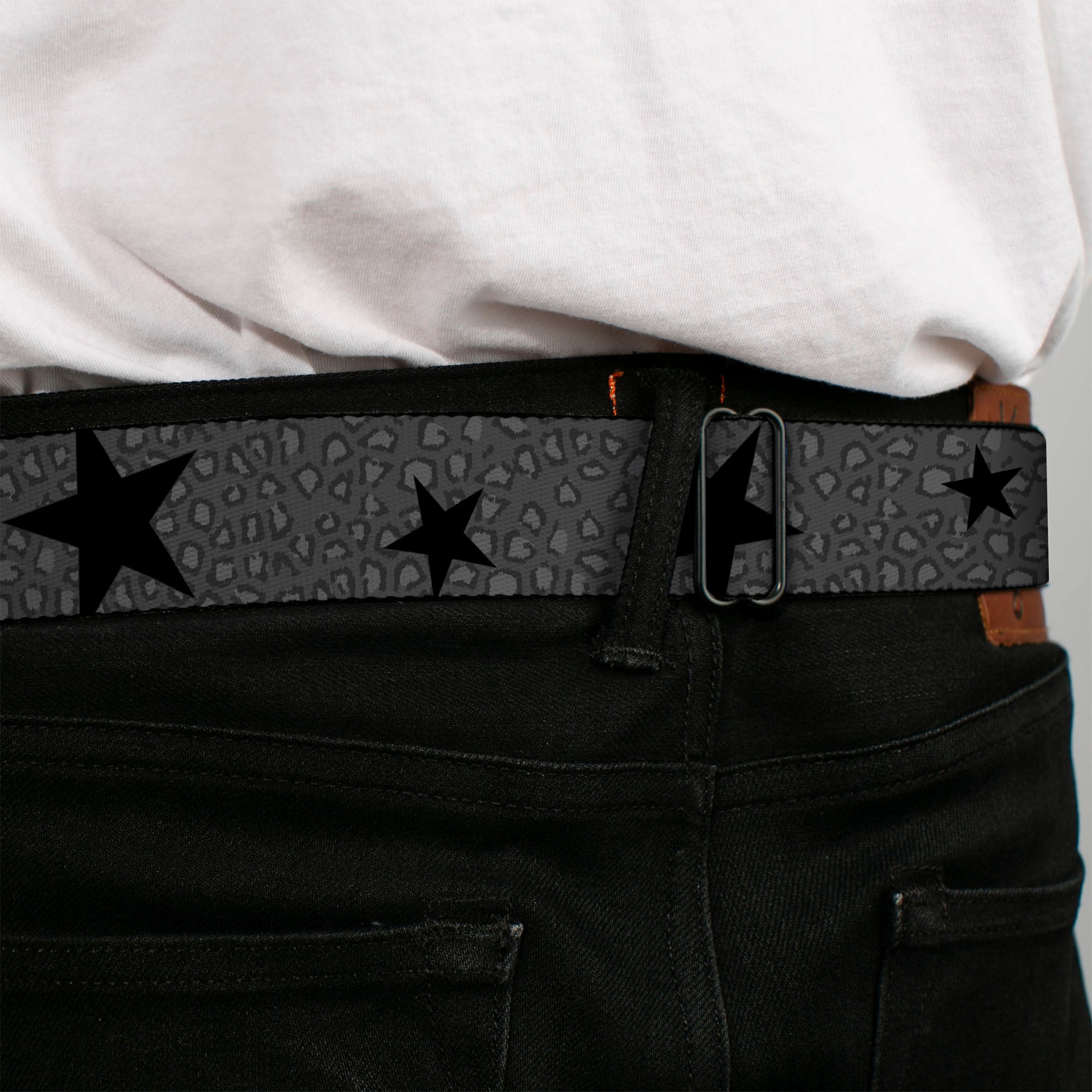 BD Wings Logo CLOSE-UP Full Color Black Silver Seatbelt Belt - Cheetah/Stars Gray/Black Webbing Seatbelt Belts Buckle-Down