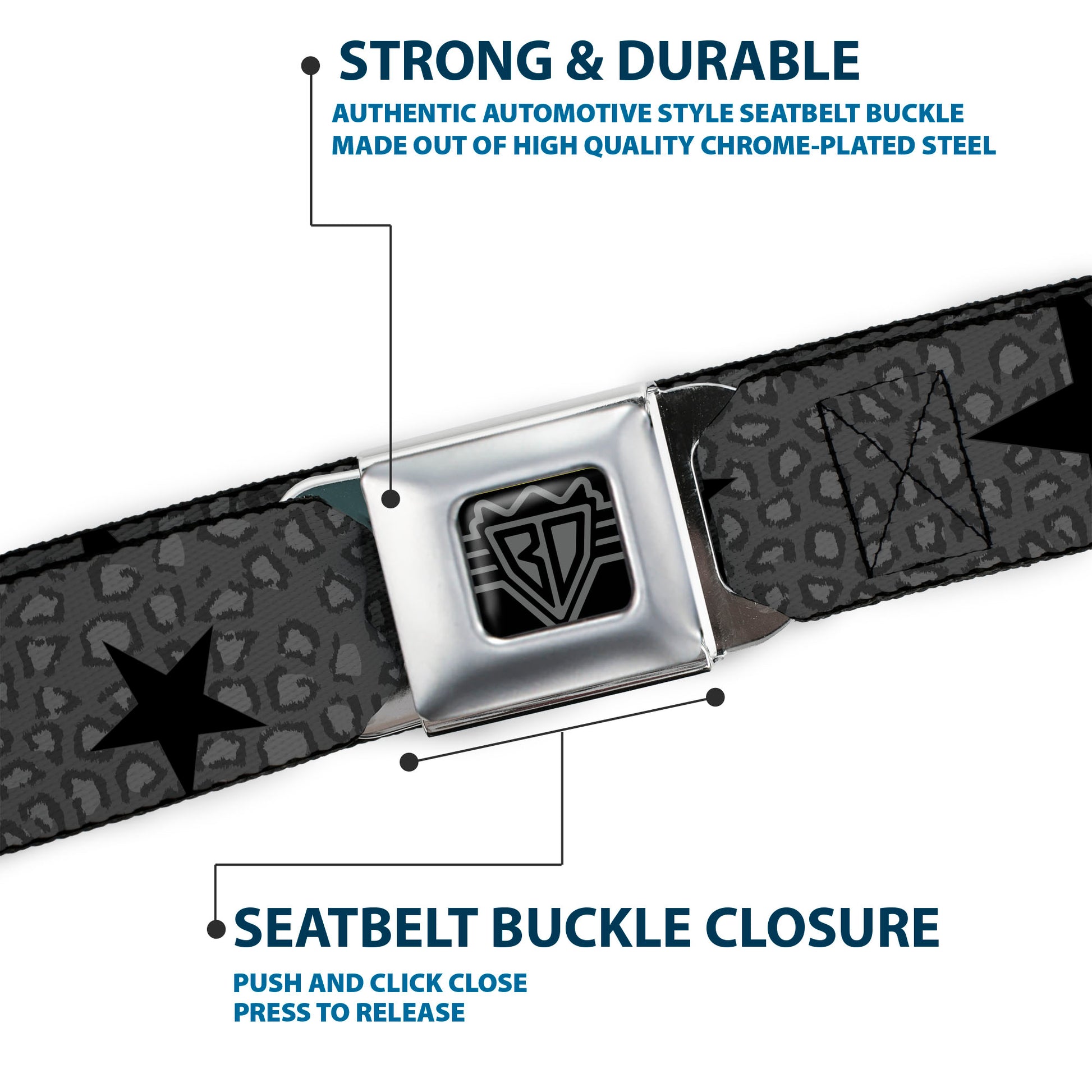 BD Wings Logo CLOSE-UP Full Color Black Silver Seatbelt Belt - Cheetah/Stars Gray/Black Webbing Seatbelt Belts Buckle-Down