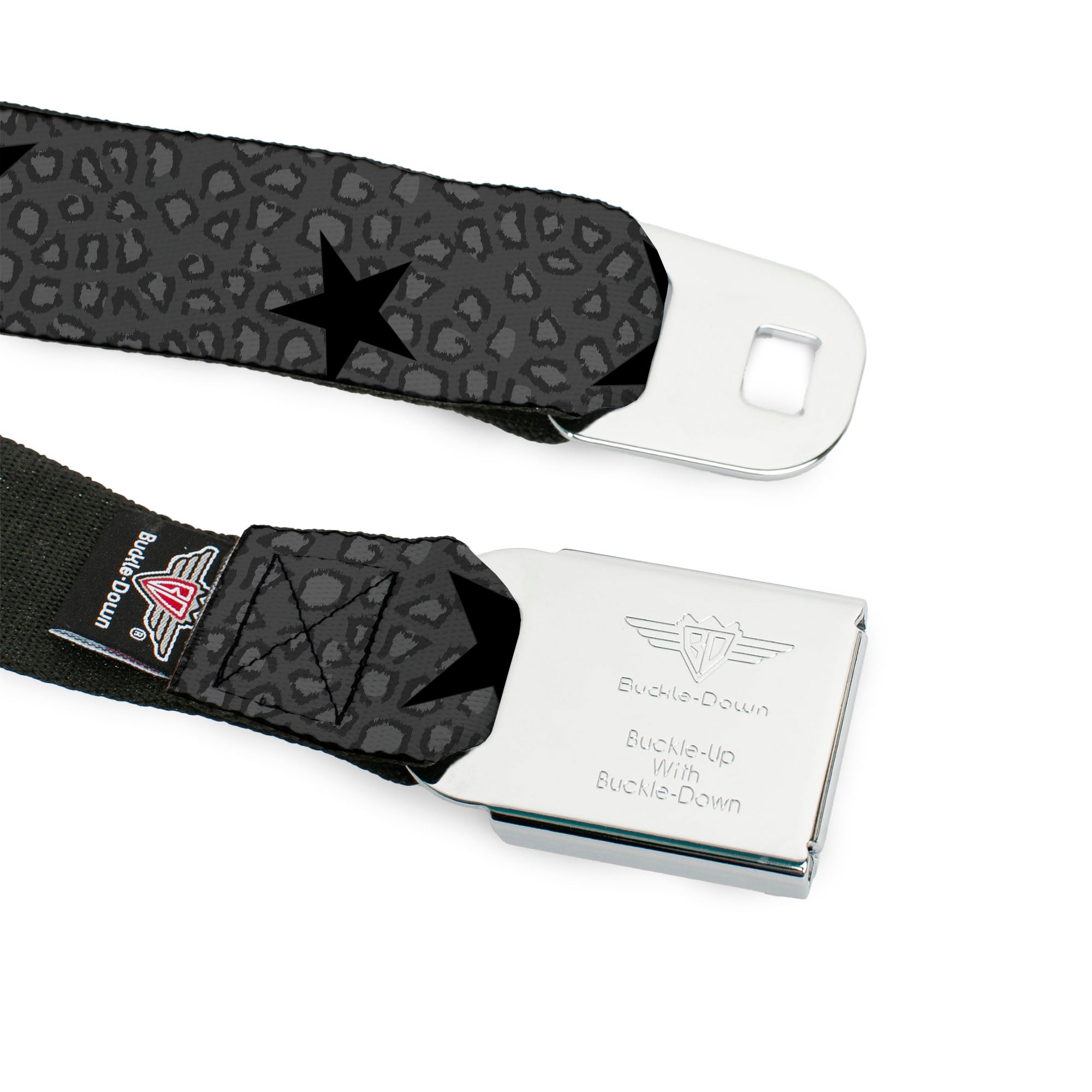 BD Wings Logo CLOSE-UP Full Color Black Silver Seatbelt Belt - Cheetah/Stars Gray/Black Webbing Seatbelt Belts Buckle-Down