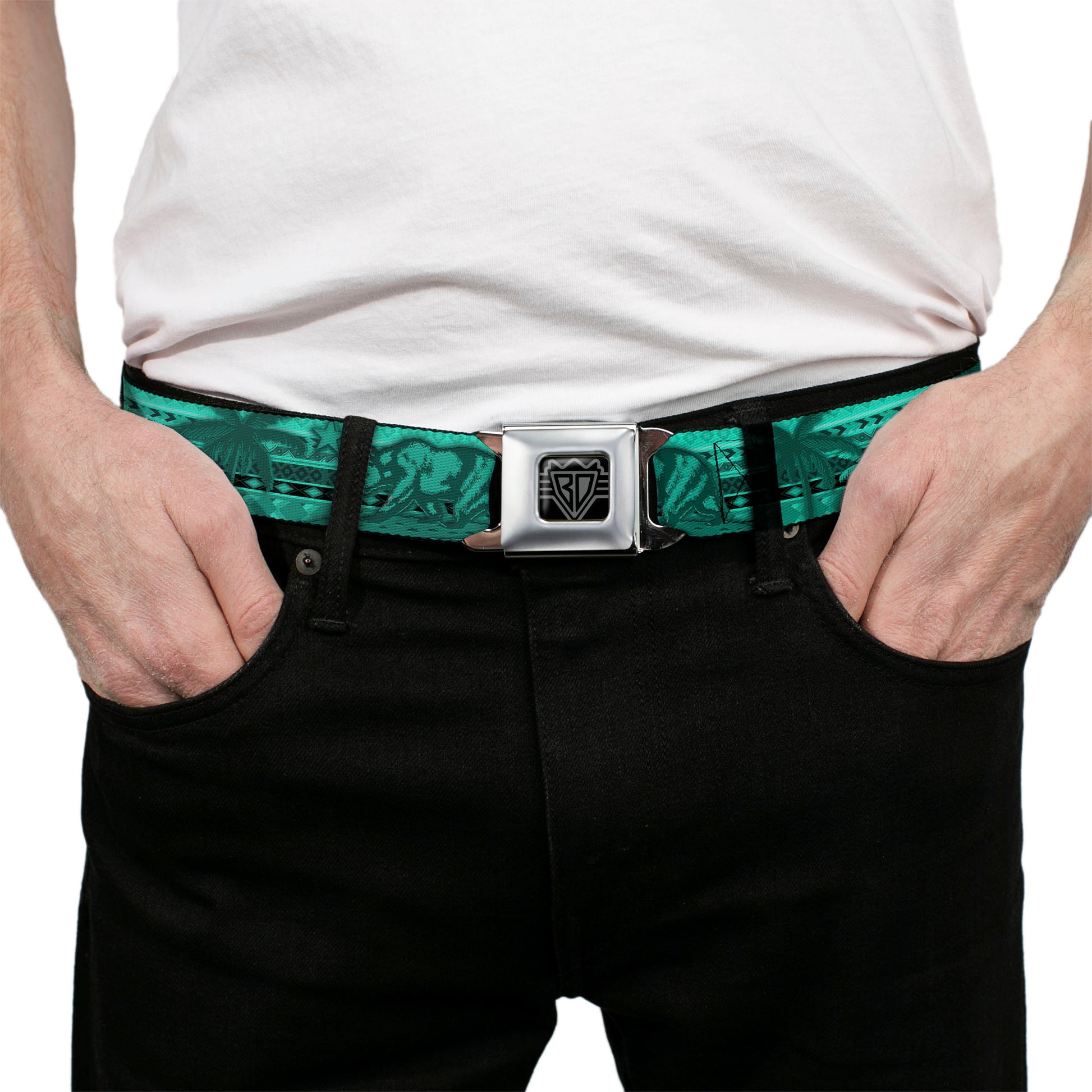 BD Wings Logo CLOSE-UP Full Color Black Silver Seatbelt Belt - Cali Bear/Palm Trees/Geometric Green Webbing Seatbelt Belts Buckle-Down