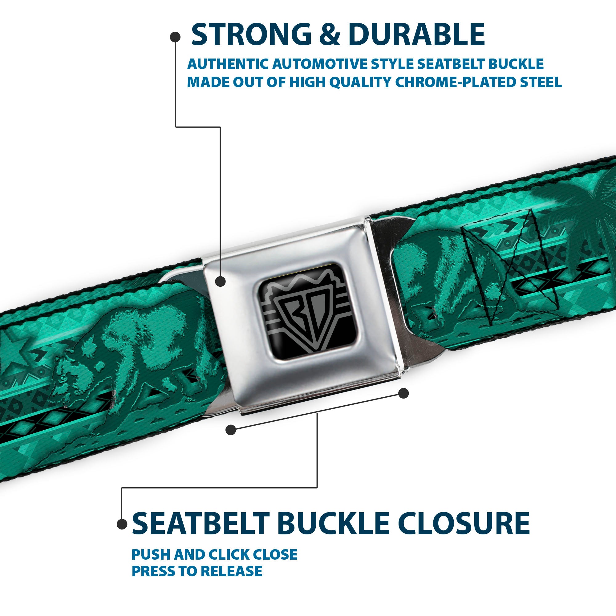 BD Wings Logo CLOSE-UP Full Color Black Silver Seatbelt Belt - Cali Bear/Palm Trees/Geometric Green Webbing Seatbelt Belts Buckle-Down
