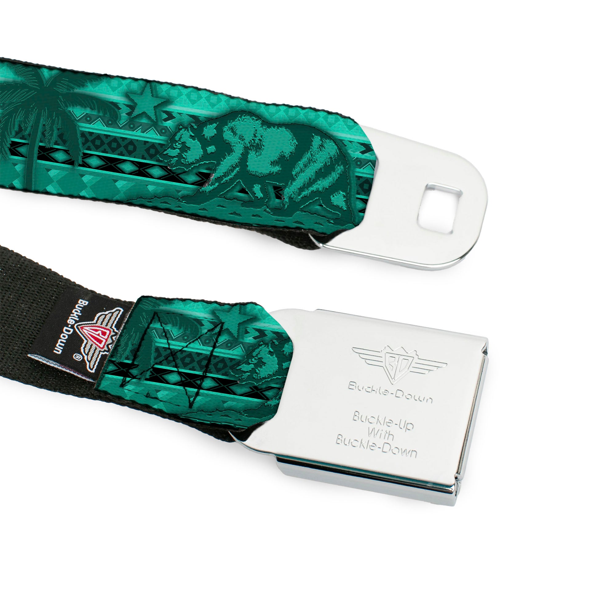 BD Wings Logo CLOSE-UP Full Color Black Silver Seatbelt Belt - Cali Bear/Palm Trees/Geometric Green Webbing Seatbelt Belts Buckle-Down