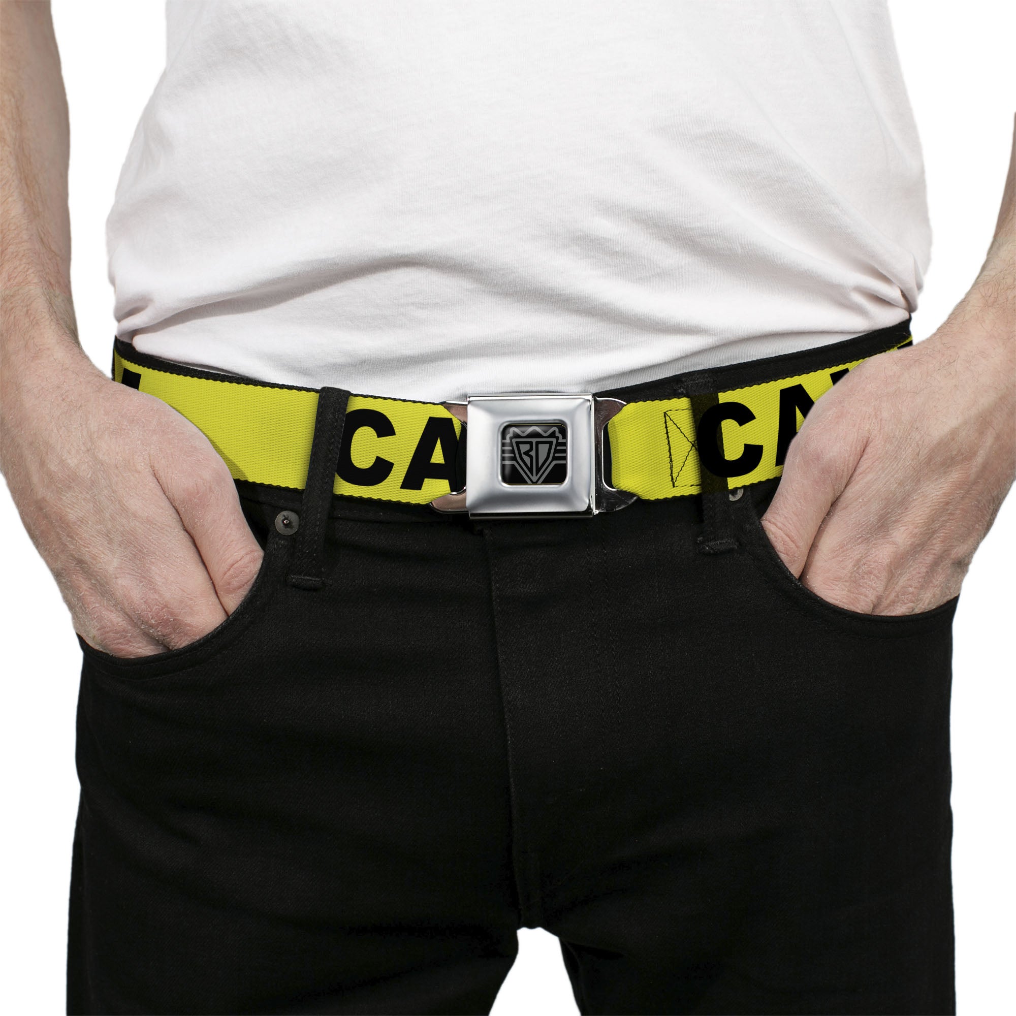 BD Wings Logo CLOSE-UP Full Color Black Silver Seatbelt Belt - CAUTION Yellow/Black Webbing Seatbelt Belts Buckle-Down