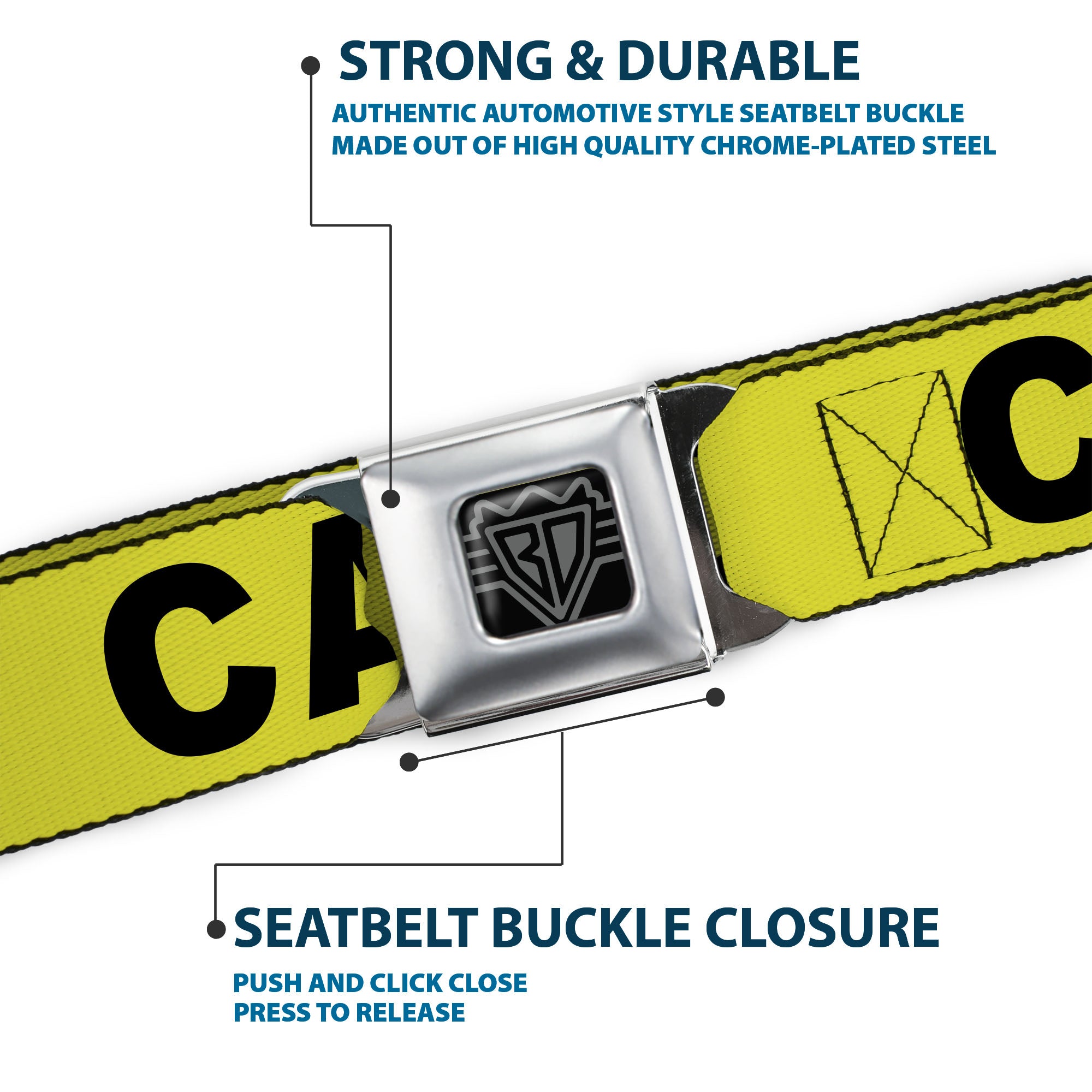 BD Wings Logo CLOSE-UP Full Color Black Silver Seatbelt Belt - CAUTION Yellow/Black Webbing Seatbelt Belts Buckle-Down