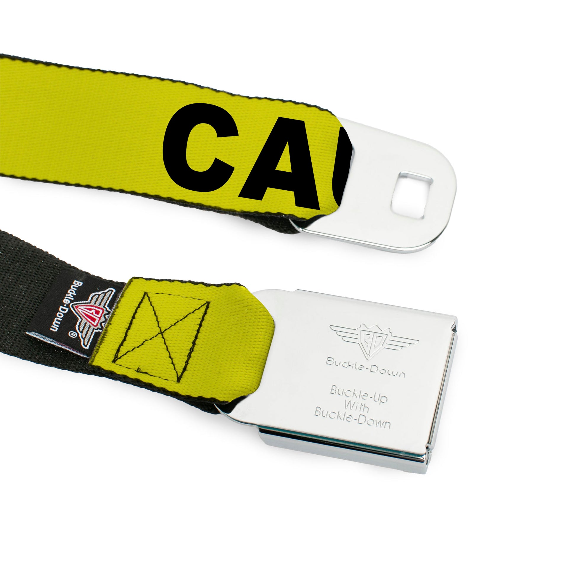 BD Wings Logo CLOSE-UP Full Color Black Silver Seatbelt Belt - CAUTION Yellow/Black Webbing Seatbelt Belts Buckle-Down