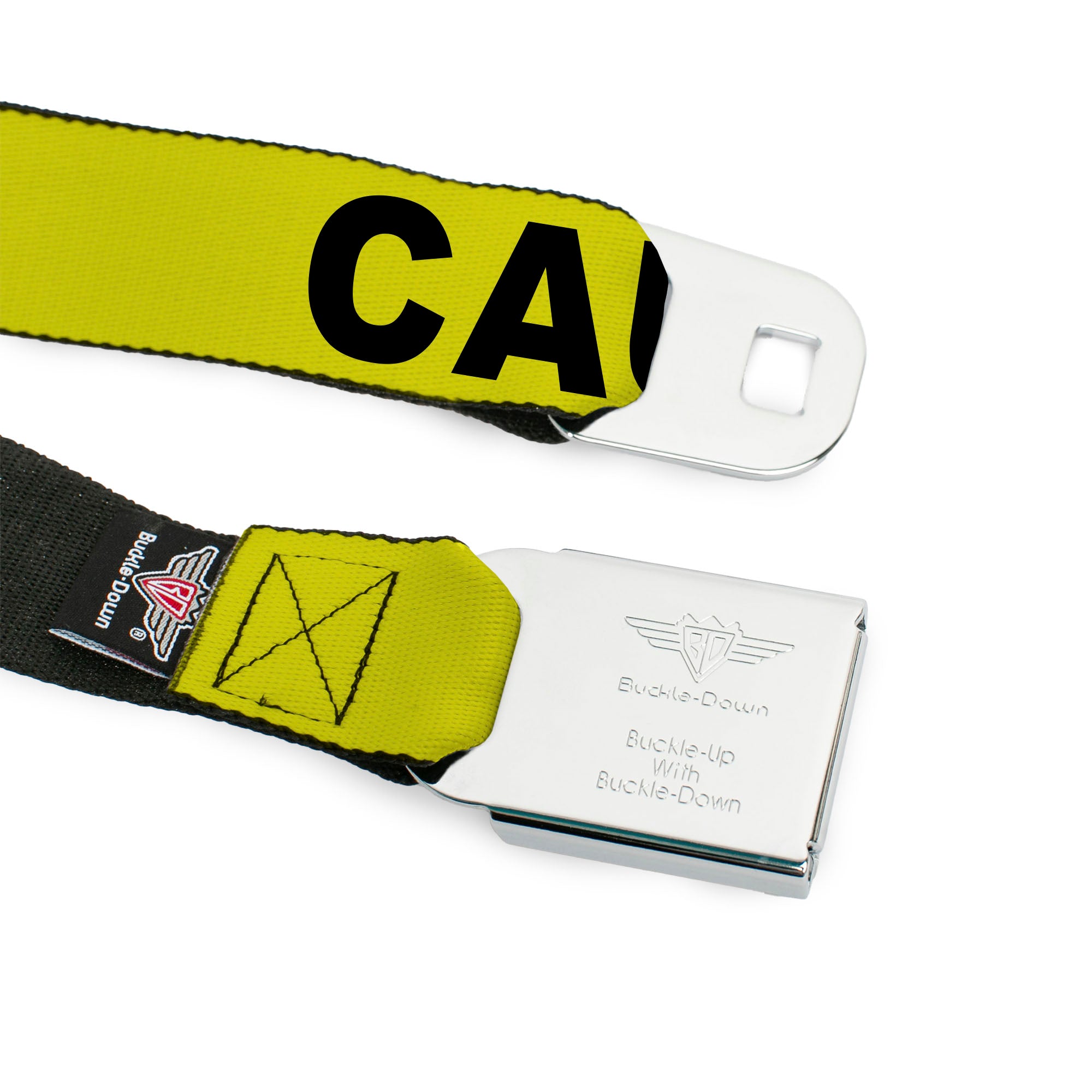 BD Wings Logo CLOSE-UP Full Color Black Silver Seatbelt Belt - CAUTION Yellow/Black Webbing Seatbelt Belts Buckle-Down