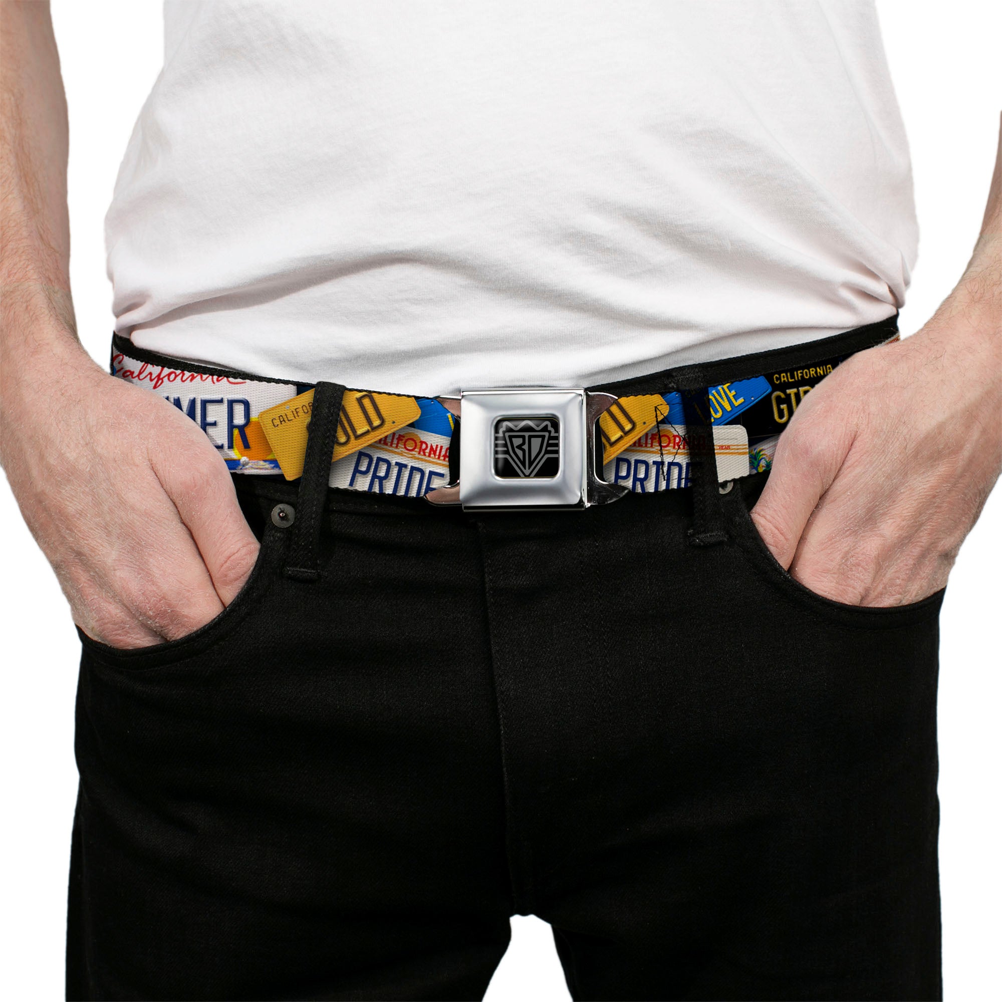 BD Wings Logo CLOSE-UP Full Color Black Silver Seatbelt Belt - Cali License Plates Stacked Webbing Seatbelt Belts Buckle-Down