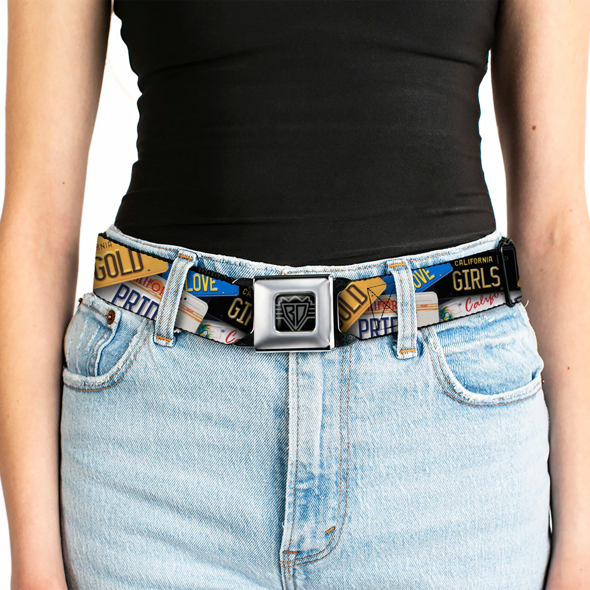 BD Wings Logo CLOSE-UP Full Color Black Silver Seatbelt Belt - Cali License Plates Stacked Webbing Seatbelt Belts Buckle-Down