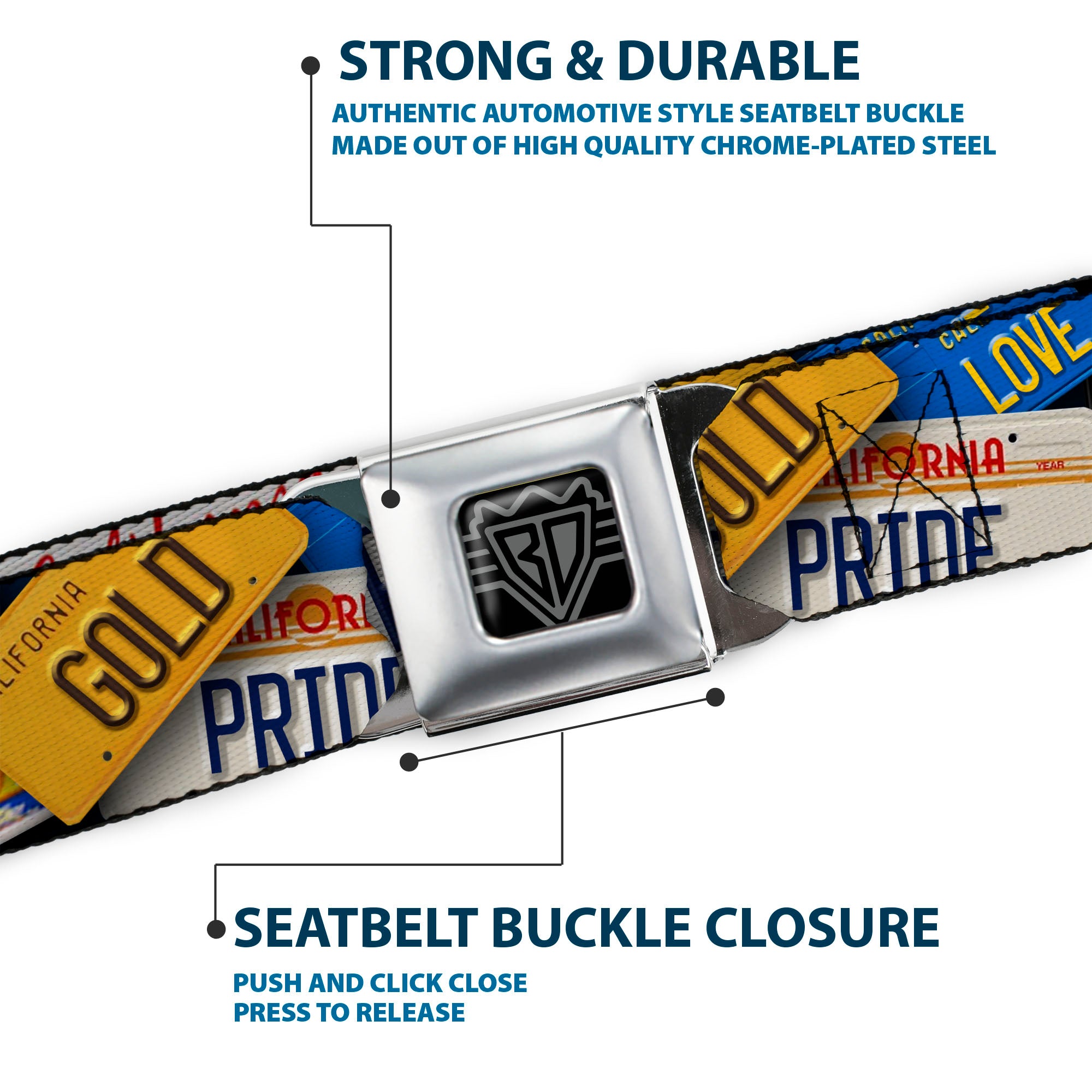 BD Wings Logo CLOSE-UP Full Color Black Silver Seatbelt Belt - Cali License Plates Stacked Webbing Seatbelt Belts Buckle-Down