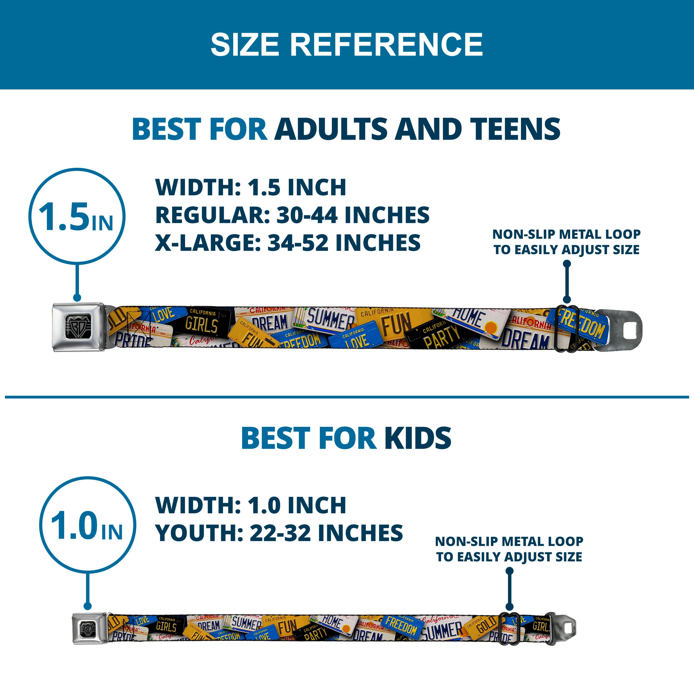 BD Wings Logo CLOSE-UP Full Color Black Silver Seatbelt Belt - Cali License Plates Stacked Webbing Seatbelt Belts Buckle-Down