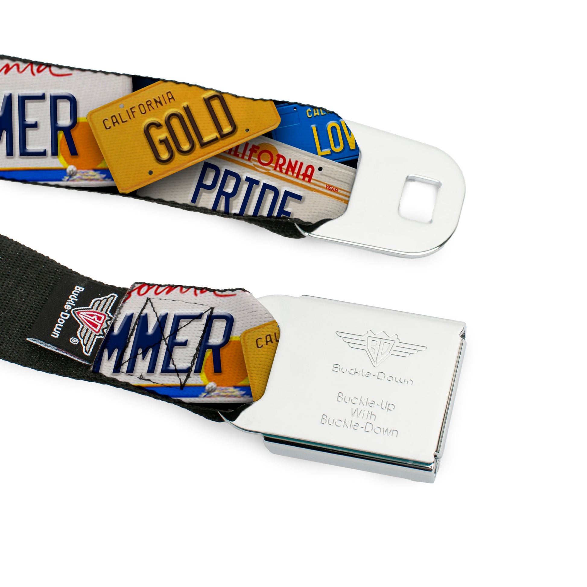 BD Wings Logo CLOSE-UP Full Color Black Silver Seatbelt Belt - Cali License Plates Stacked Webbing Seatbelt Belts Buckle-Down