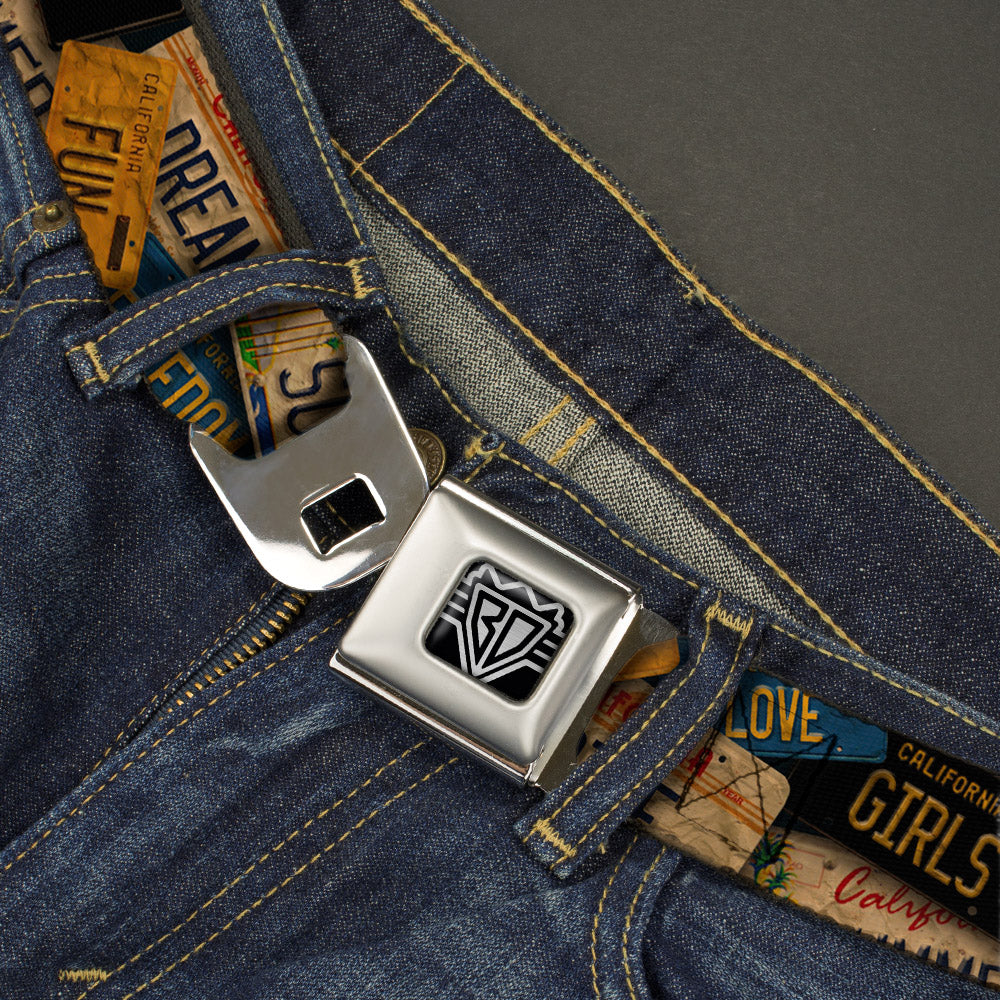 BD Wings Logo CLOSE-UP Full Color Black Silver Seatbelt Belt - Cali License Plates Stacked Vintage Webbing Seatbelt Belts Buckle-Down
