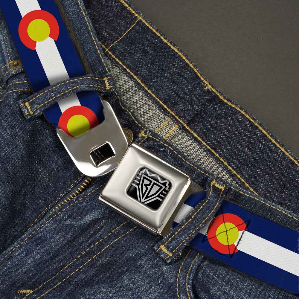 BD Wings Logo CLOSE-UP Full Color Black Silver Seatbelt Belt - Colorado Flags2 Repeat Webbing Seatbelt Belts Buckle-Down
