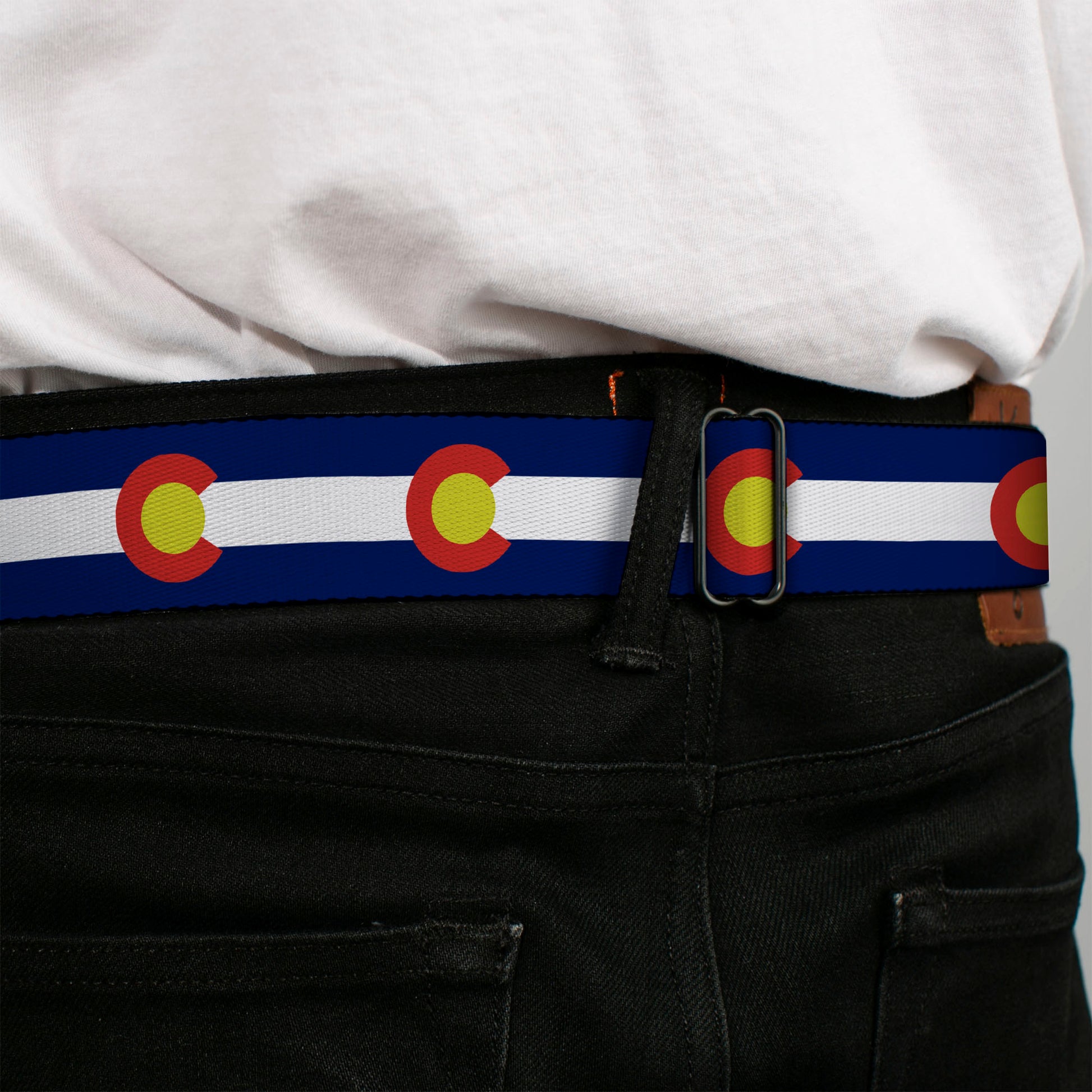 BD Wings Logo CLOSE-UP Full Color Black Silver Seatbelt Belt - Colorado Flags2 Repeat Webbing Seatbelt Belts Buckle-Down