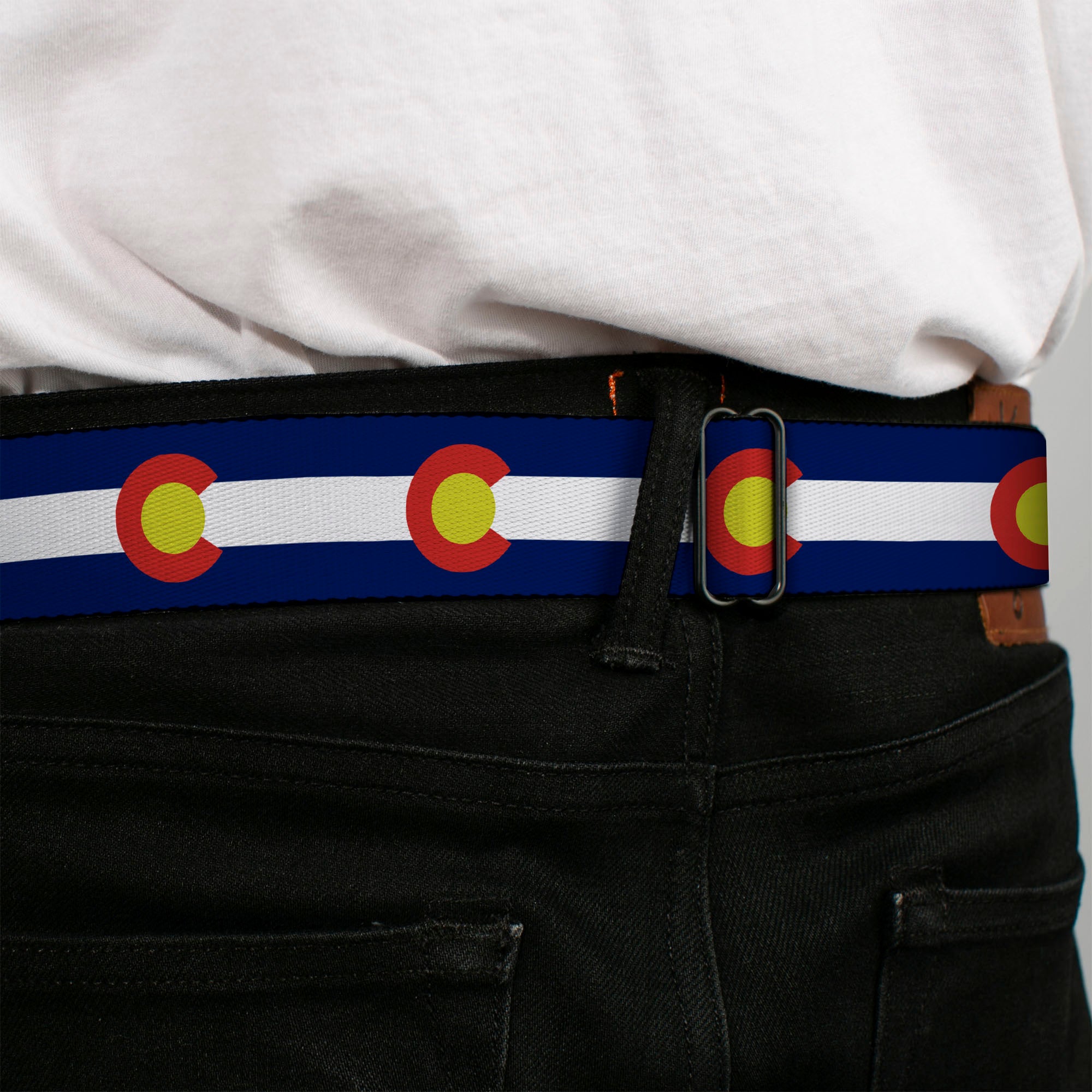 BD Wings Logo CLOSE-UP Full Color Black Silver Seatbelt Belt - Colorado Flags2 Repeat Webbing Seatbelt Belts Buckle-Down