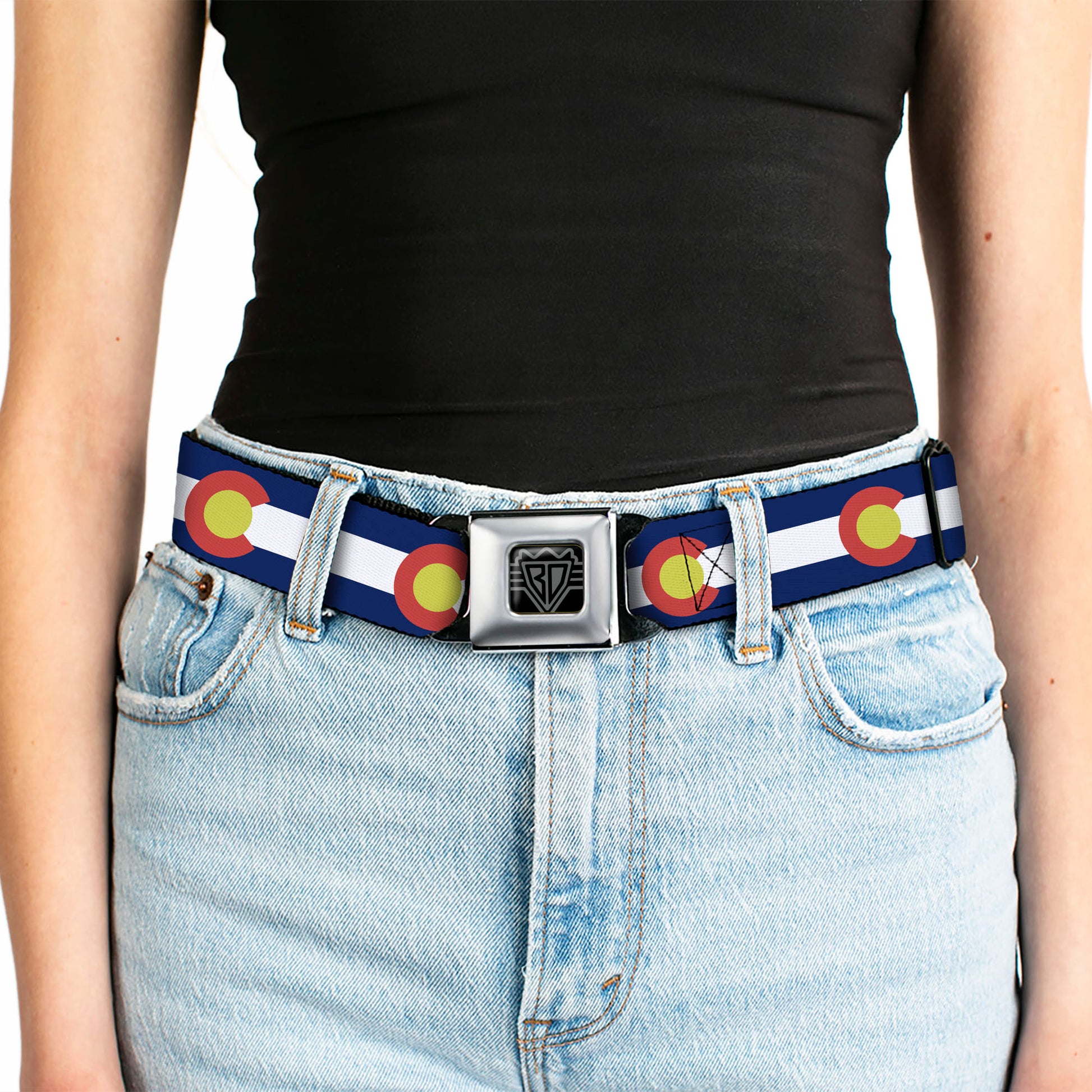 BD Wings Logo CLOSE-UP Full Color Black Silver Seatbelt Belt - Colorado Flags2 Repeat Webbing Seatbelt Belts Buckle-Down