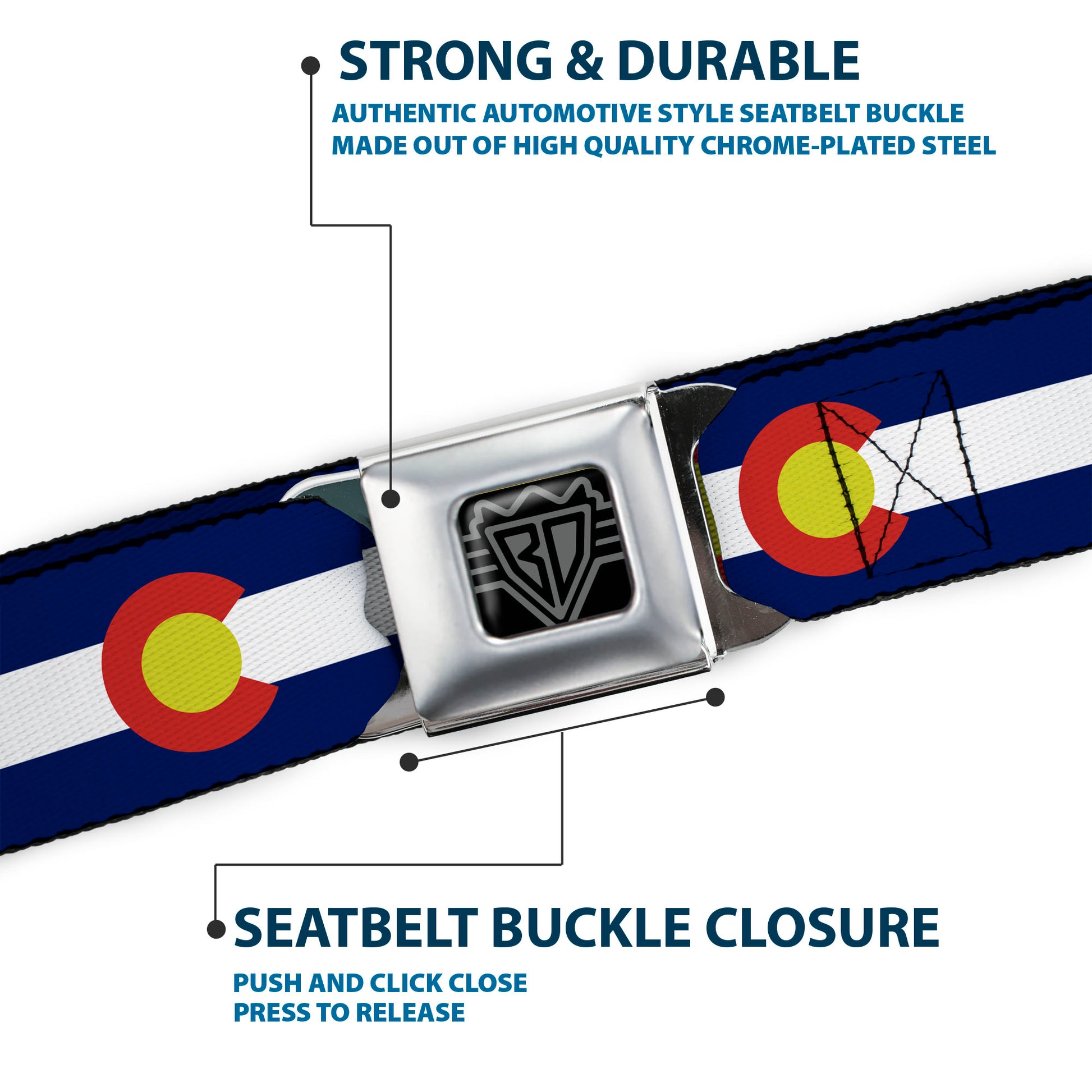 BD Wings Logo CLOSE-UP Full Color Black Silver Seatbelt Belt - Colorado Flags2 Repeat Webbing Seatbelt Belts Buckle-Down