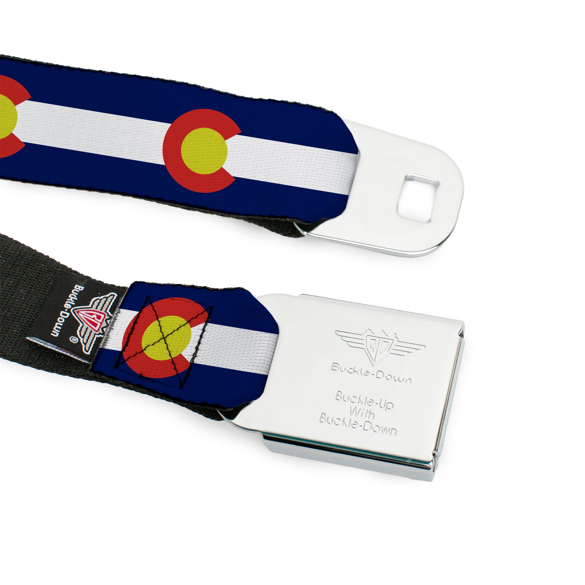 BD Wings Logo CLOSE-UP Full Color Black Silver Seatbelt Belt - Colorado Flags2 Repeat Webbing Seatbelt Belts Buckle-Down