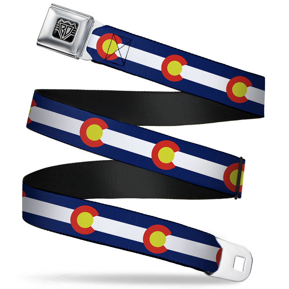 BD Wings Logo CLOSE-UP Full Color Black Silver Seatbelt Belt - Colorado Flags2 Repeat Webbing Seatbelt Belts Buckle-Down