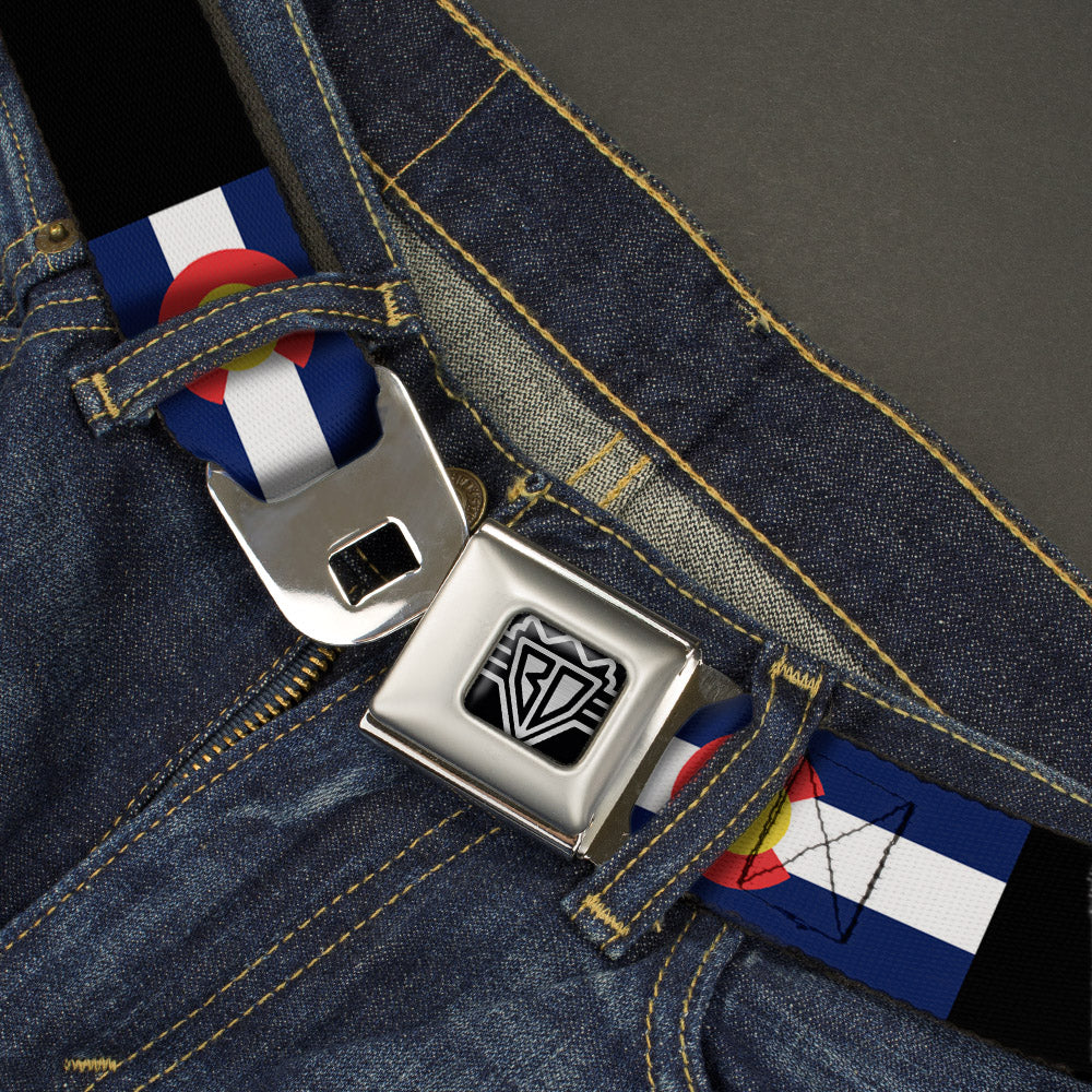 BD Wings Logo CLOSE-UP Full Color Black Silver Seatbelt Belt - Colorado Flags3/Black Webbing Seatbelt Belts Buckle-Down