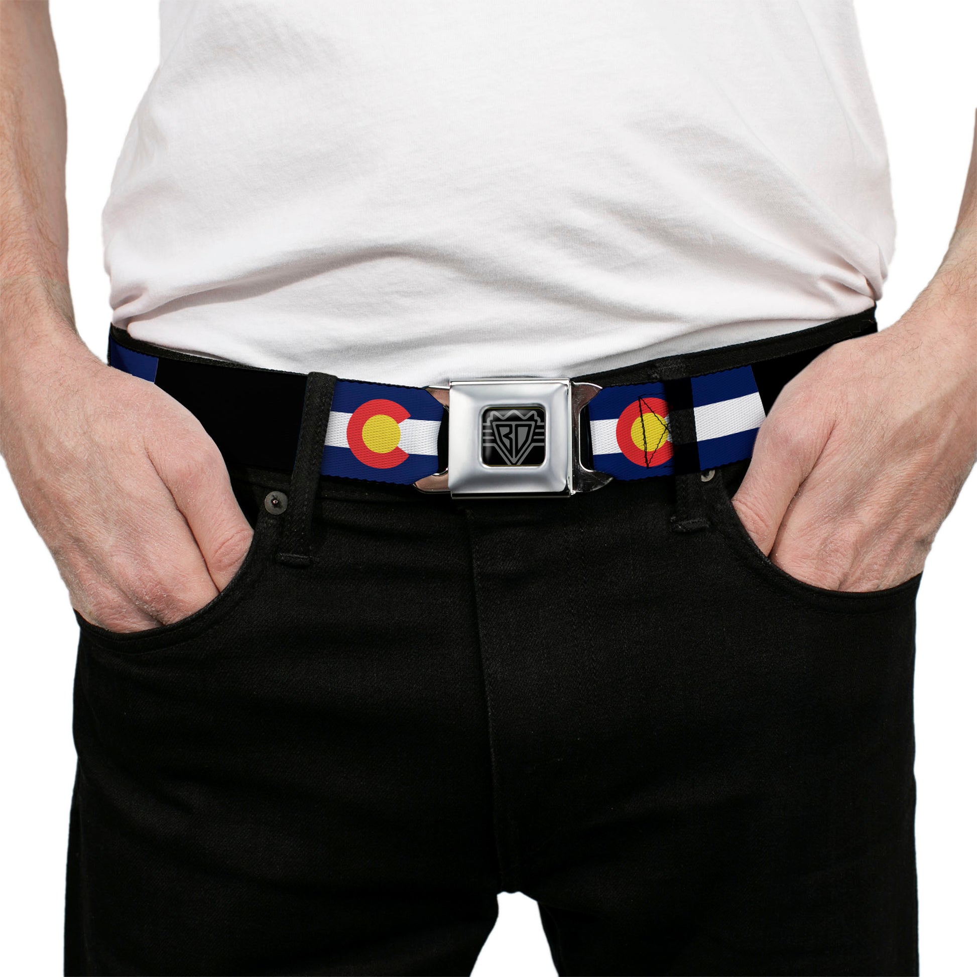 BD Wings Logo CLOSE-UP Full Color Black Silver Seatbelt Belt - Colorado Flags3/Black Webbing Seatbelt Belts Buckle-Down