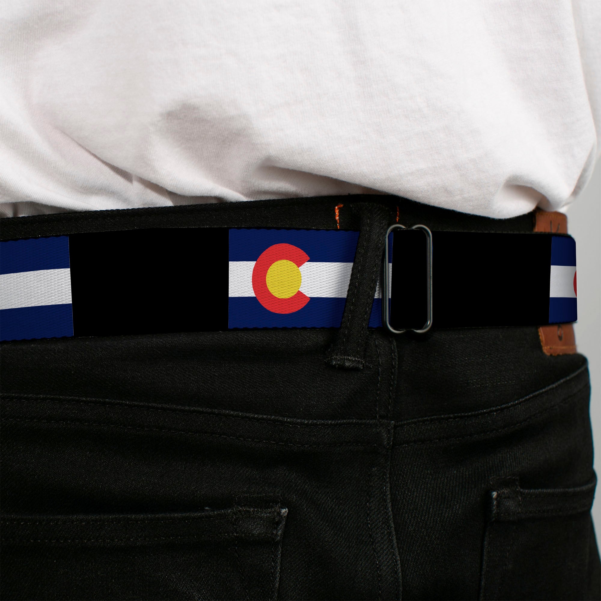 BD Wings Logo CLOSE-UP Full Color Black Silver Seatbelt Belt - Colorado Flags3/Black Webbing Seatbelt Belts Buckle-Down