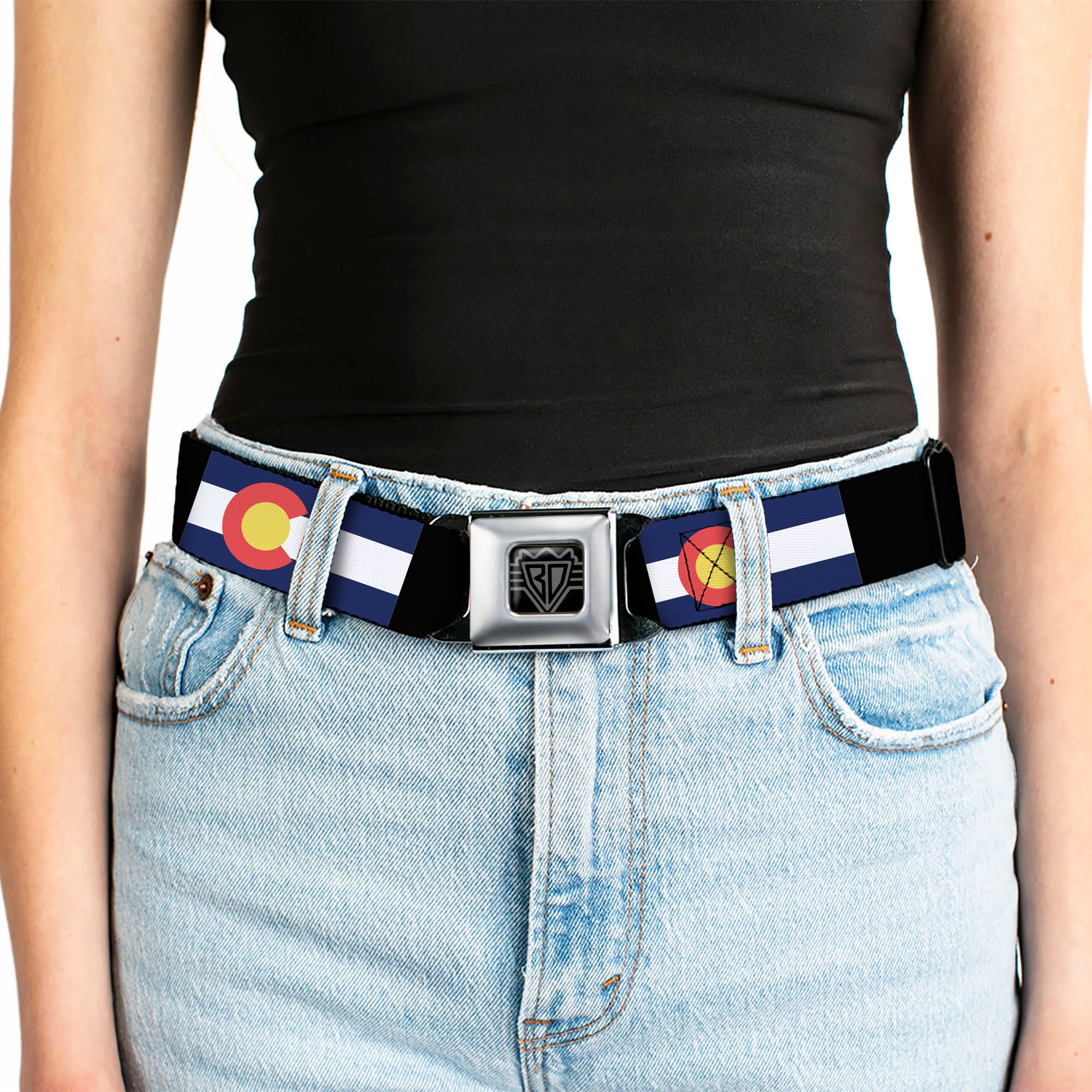 BD Wings Logo CLOSE-UP Full Color Black Silver Seatbelt Belt - Colorado Flags3/Black Webbing Seatbelt Belts Buckle-Down