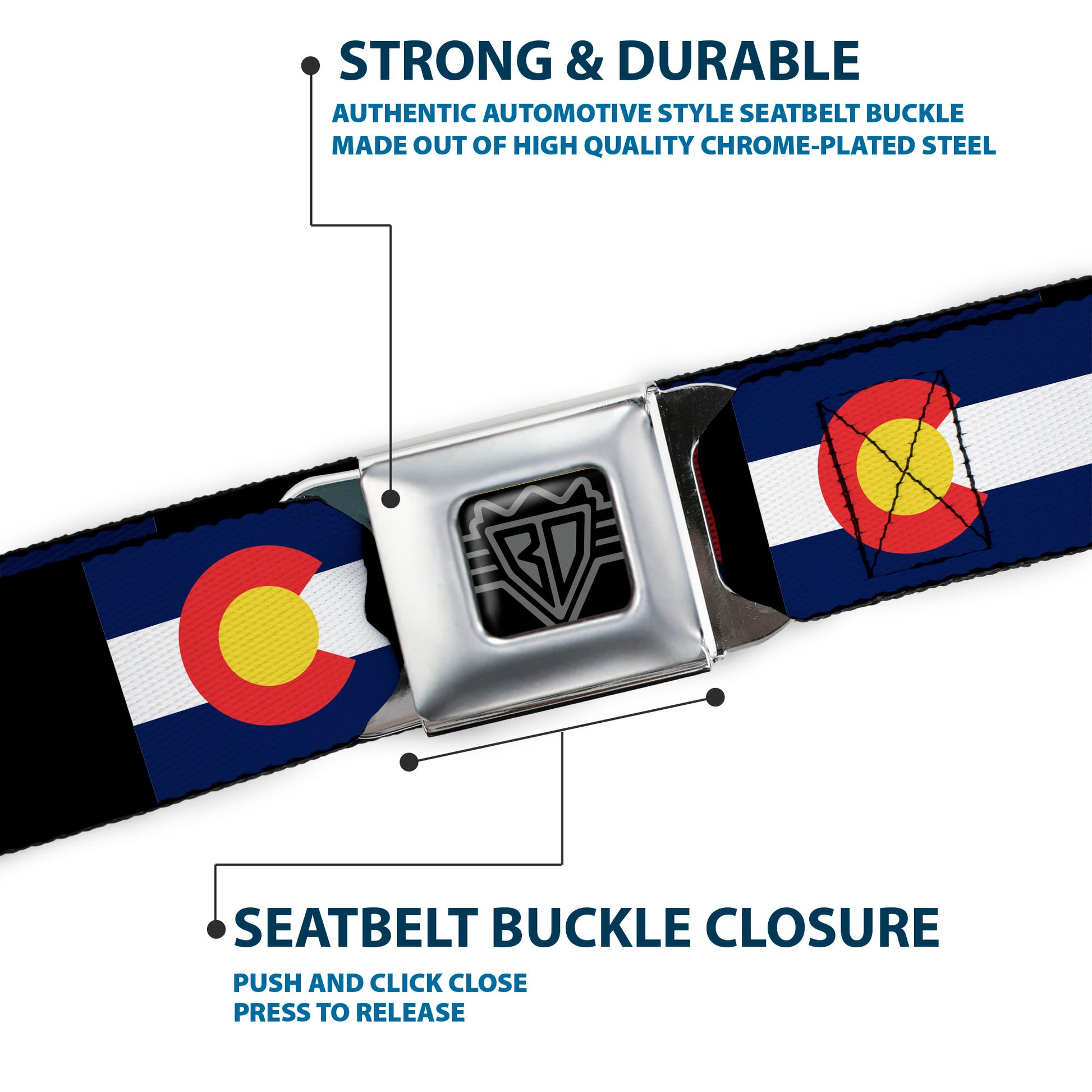 BD Wings Logo CLOSE-UP Full Color Black Silver Seatbelt Belt - Colorado Flags3/Black Webbing Seatbelt Belts Buckle-Down