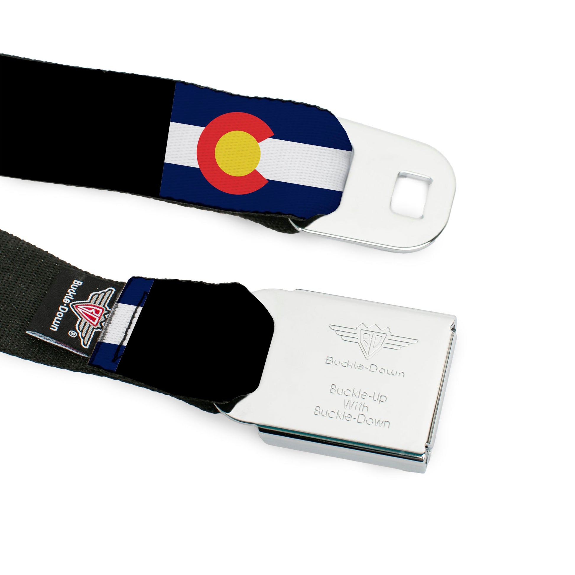 BD Wings Logo CLOSE-UP Full Color Black Silver Seatbelt Belt - Colorado Flags3/Black Webbing Seatbelt Belts Buckle-Down