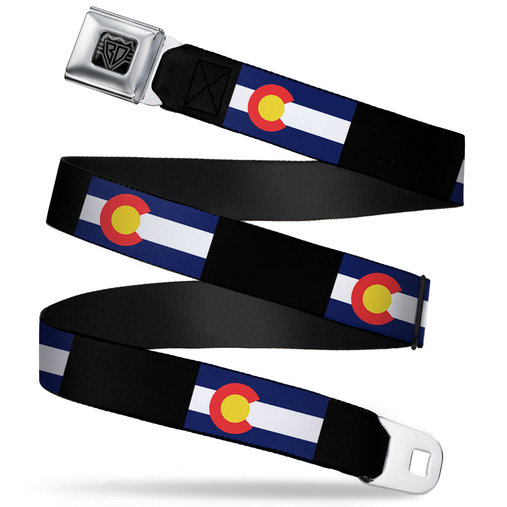 BD Wings Logo CLOSE-UP Full Color Black Silver Seatbelt Belt - Colorado Flags3/Black Webbing Seatbelt Belts Buckle-Down