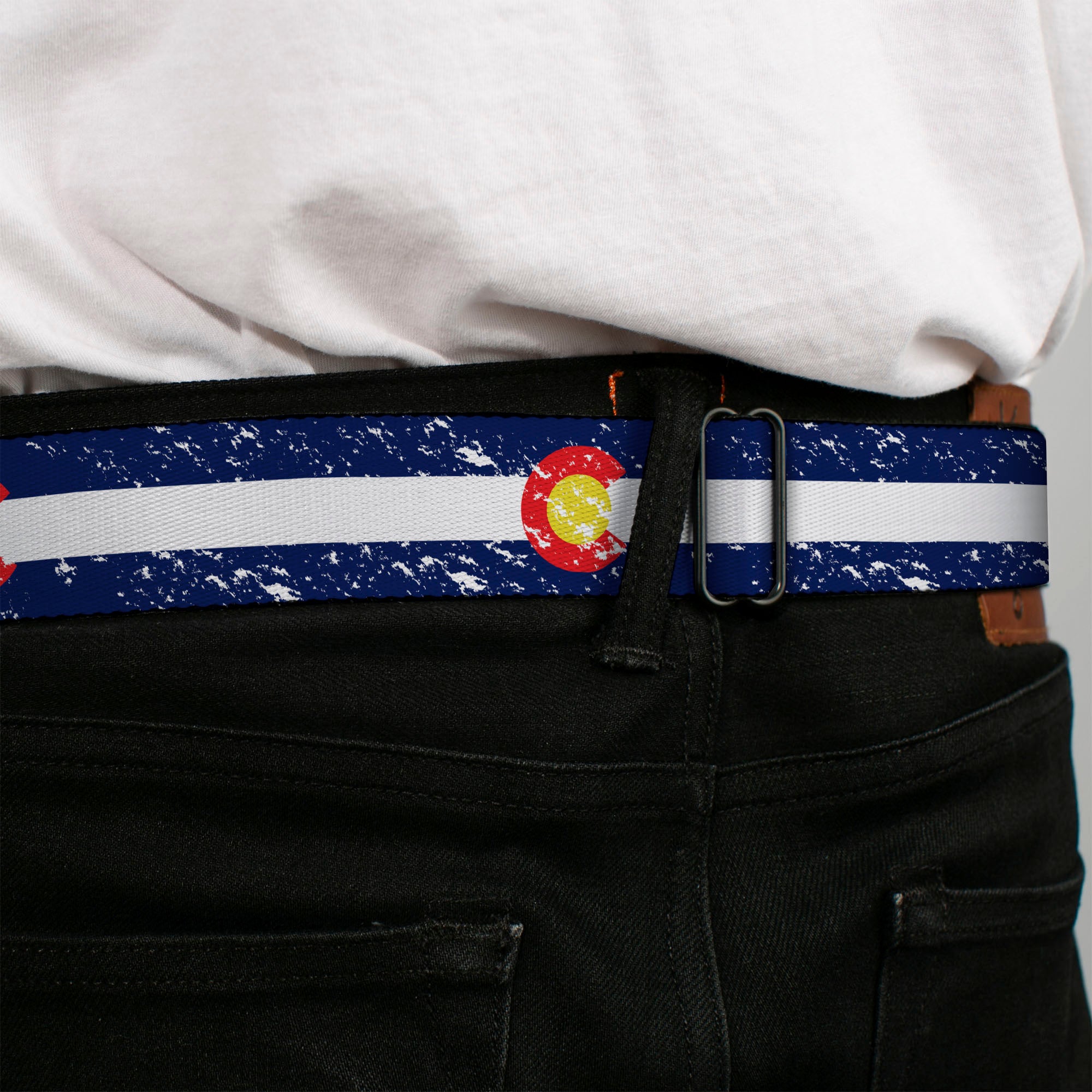BD Wings Logo CLOSE-UP Full Color Black Silver Seatbelt Belt - Colorado Flags4 Weathered Webbing Seatbelt Belts Buckle-Down