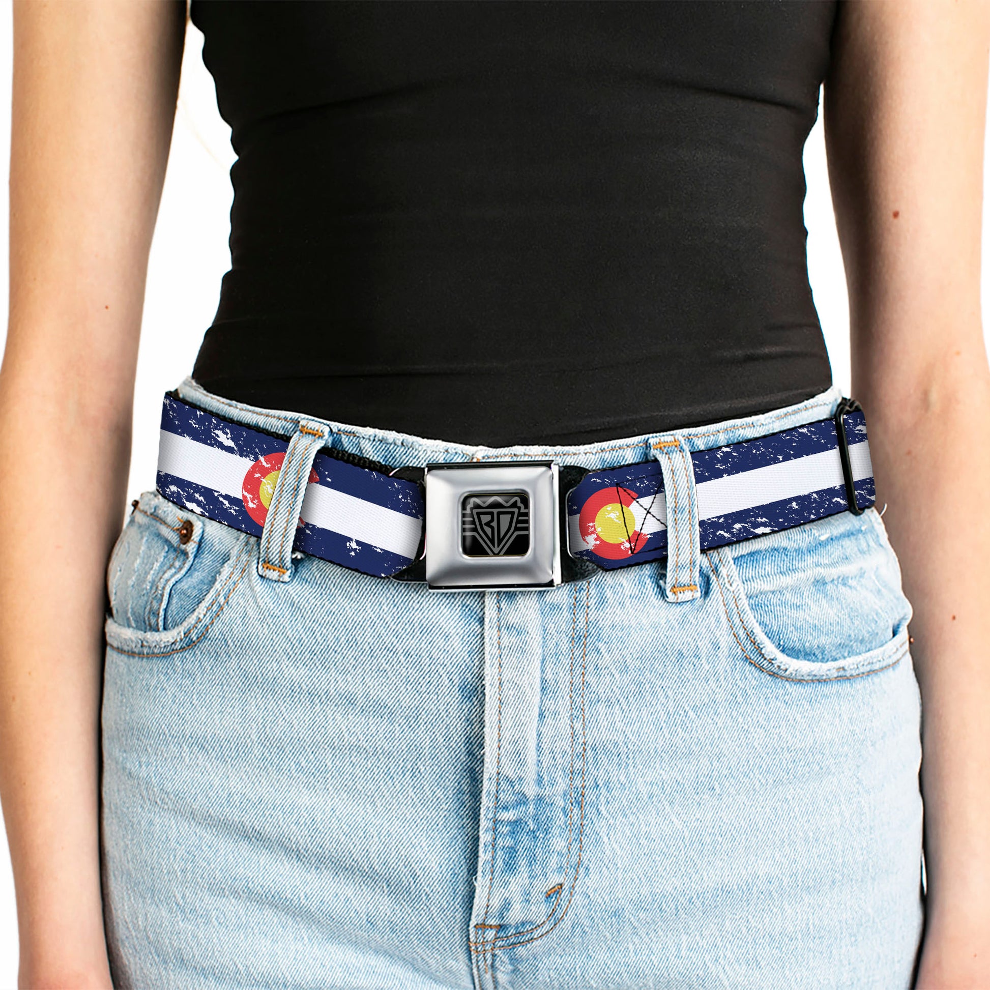BD Wings Logo CLOSE-UP Full Color Black Silver Seatbelt Belt - Colorado Flags4 Weathered Webbing Seatbelt Belts Buckle-Down