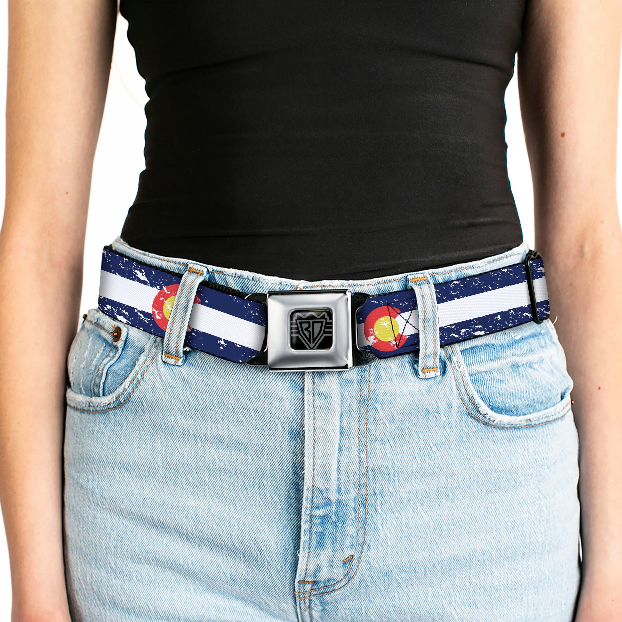 BD Wings Logo CLOSE-UP Full Color Black Silver Seatbelt Belt - Colorado Flags4 Weathered Webbing Seatbelt Belts Buckle-Down