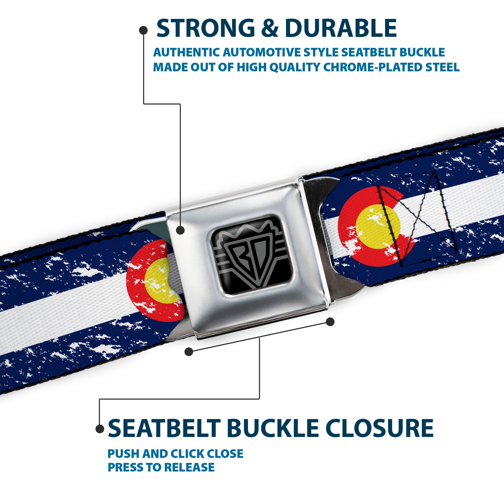 BD Wings Logo CLOSE-UP Full Color Black Silver Seatbelt Belt - Colorado Flags4 Weathered Webbing Seatbelt Belts Buckle-Down