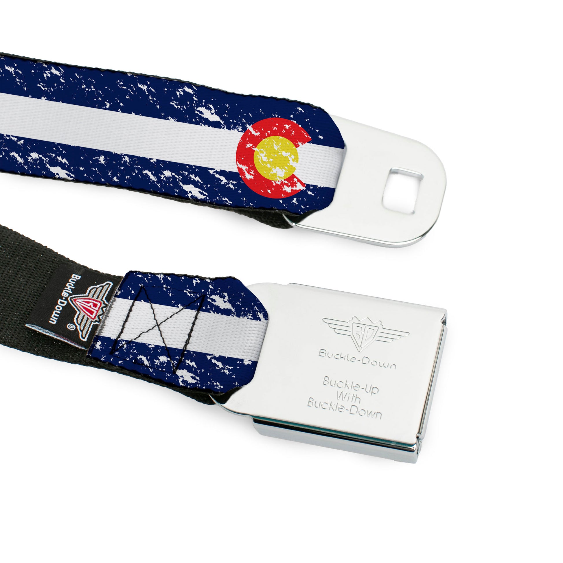 BD Wings Logo CLOSE-UP Full Color Black Silver Seatbelt Belt - Colorado Flags4 Weathered Webbing Seatbelt Belts Buckle-Down