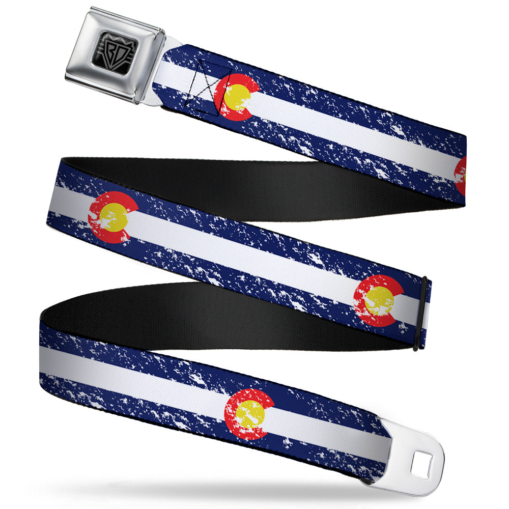 BD Wings Logo CLOSE-UP Full Color Black Silver Seatbelt Belt - Colorado Flags4 Weathered Webbing Seatbelt Belts Buckle-Down