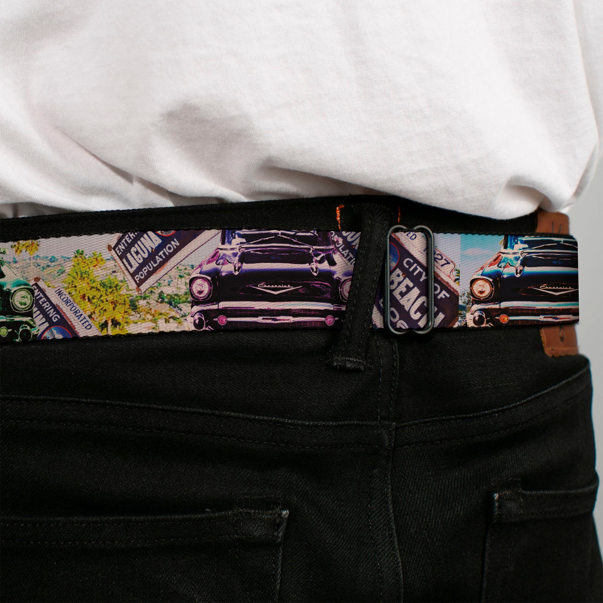 BD Wings Logo CLOSE-UP Full Color Black Silver Seatbelt Belt - Cali Classic Laguna Beach Webbing Seatbelt Belts Buckle-Down