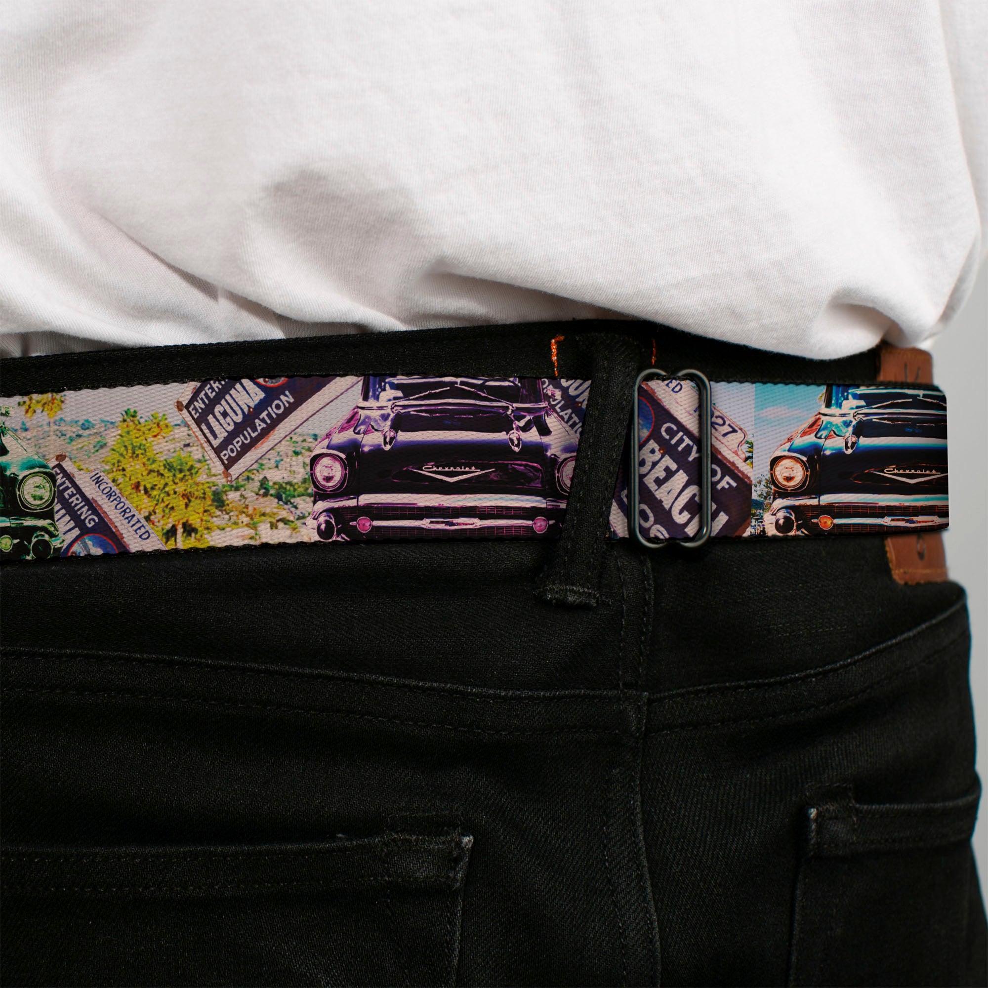 BD Wings Logo CLOSE-UP Full Color Black Silver Seatbelt Belt - Cali Classic Laguna Beach Webbing Seatbelt Belts Buckle-Down