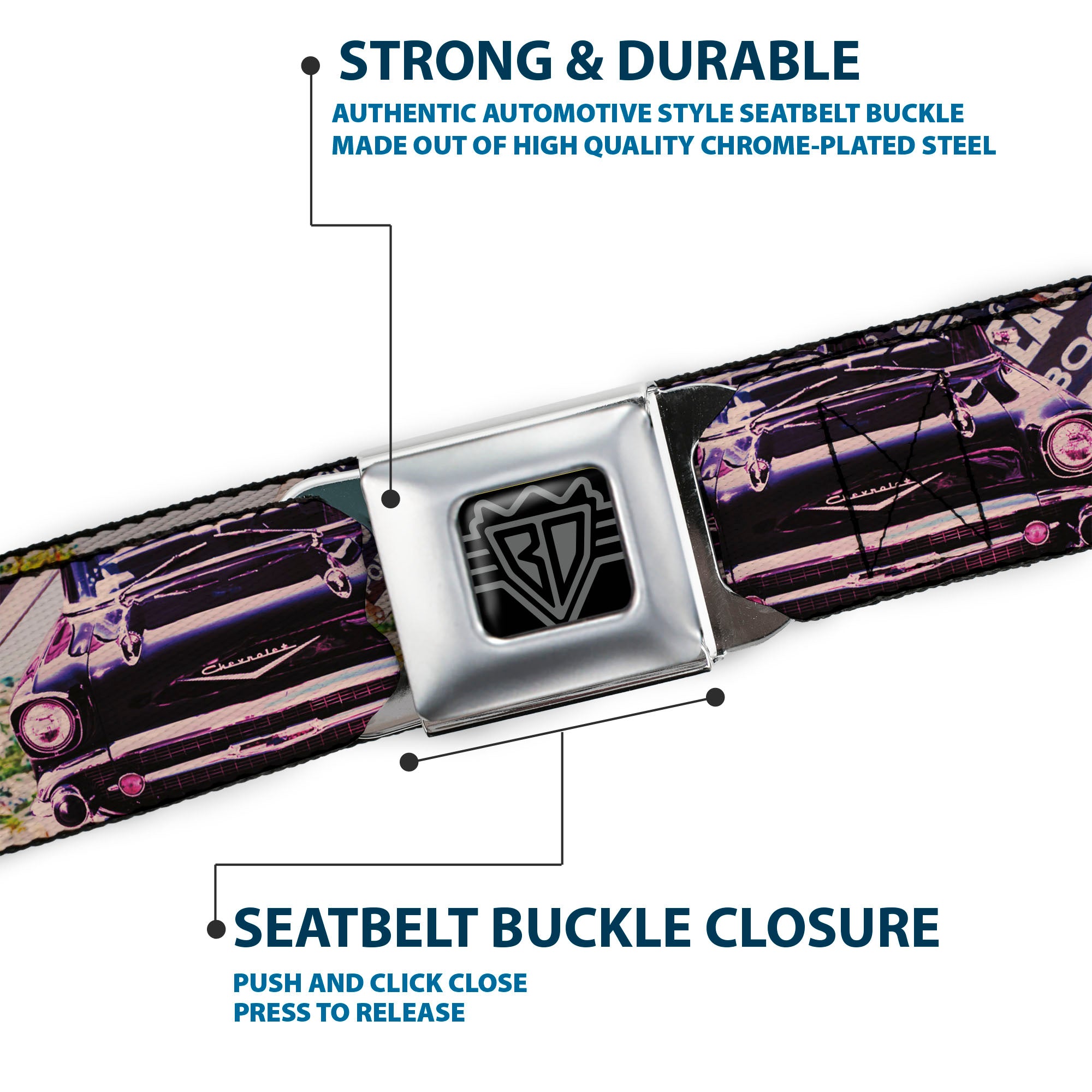 BD Wings Logo CLOSE-UP Full Color Black Silver Seatbelt Belt - Cali Classic Laguna Beach Webbing Seatbelt Belts Buckle-Down