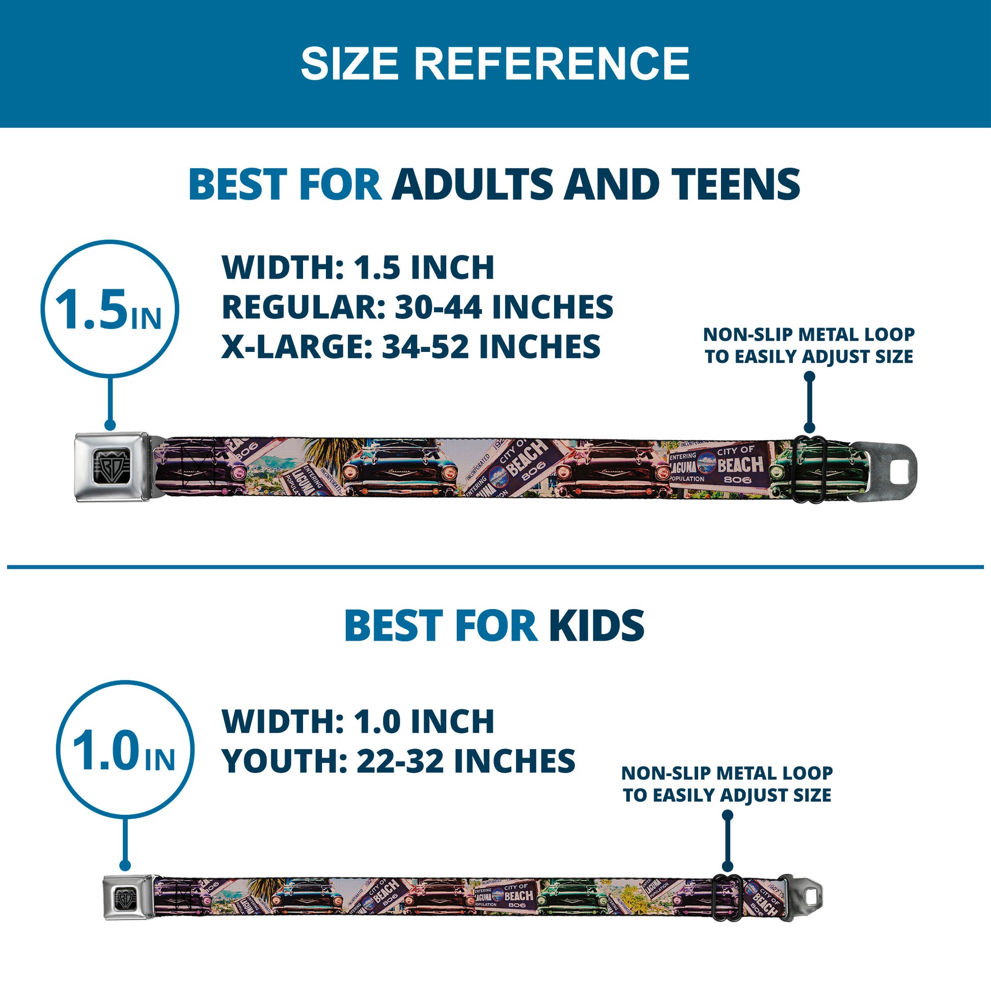 BD Wings Logo CLOSE-UP Full Color Black Silver Seatbelt Belt - Cali Classic Laguna Beach Webbing Seatbelt Belts Buckle-Down