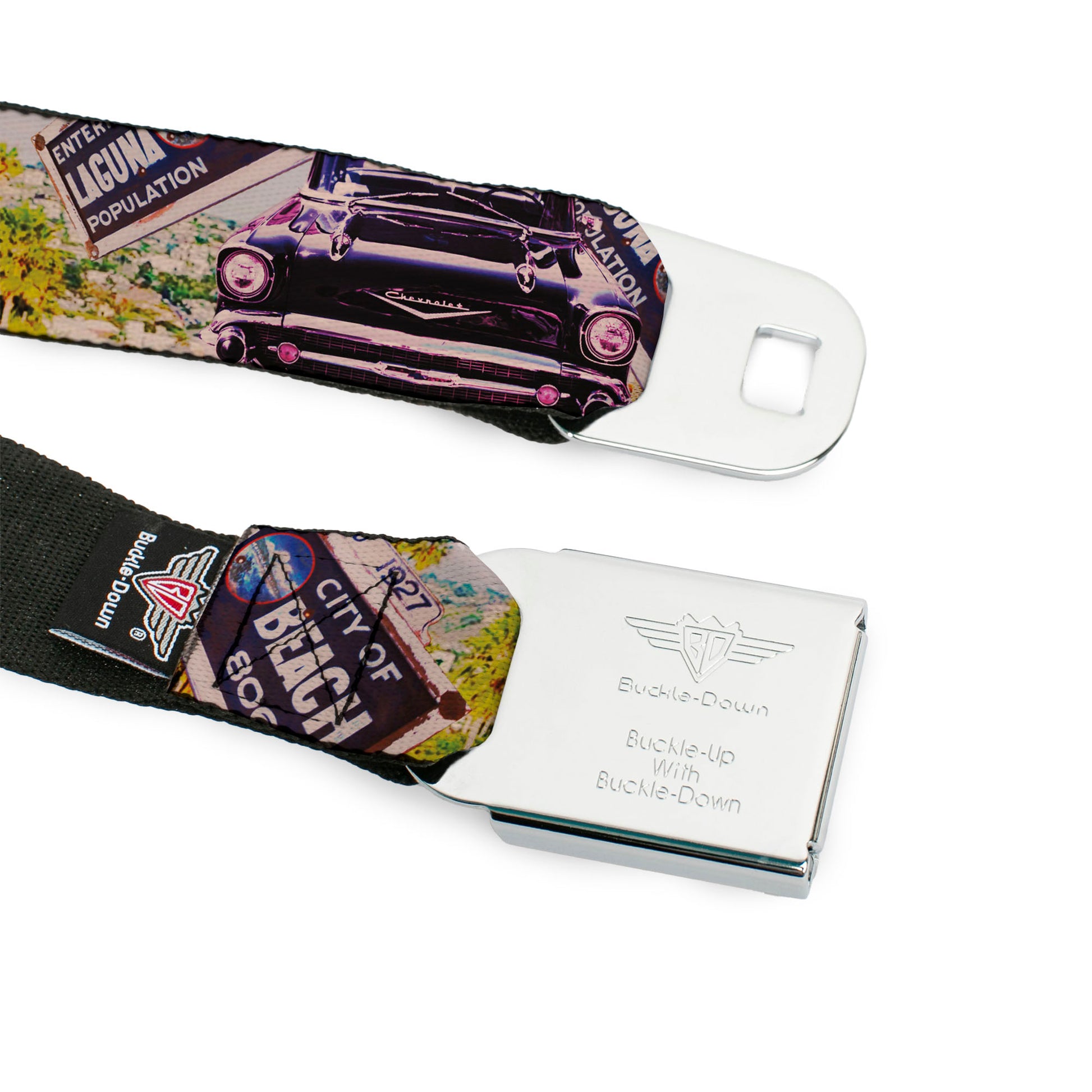 BD Wings Logo CLOSE-UP Full Color Black Silver Seatbelt Belt - Cali Classic Laguna Beach Webbing Seatbelt Belts Buckle-Down