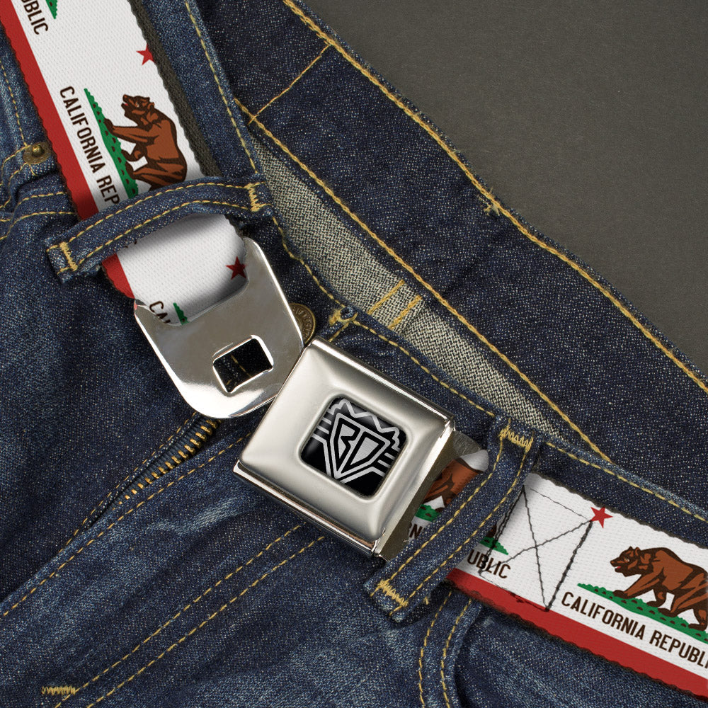 BD Wings Logo CLOSE-UP Full Color Black Silver Seatbelt Belt - California State Flag White Webbing Seatbelt Belts Buckle-Down